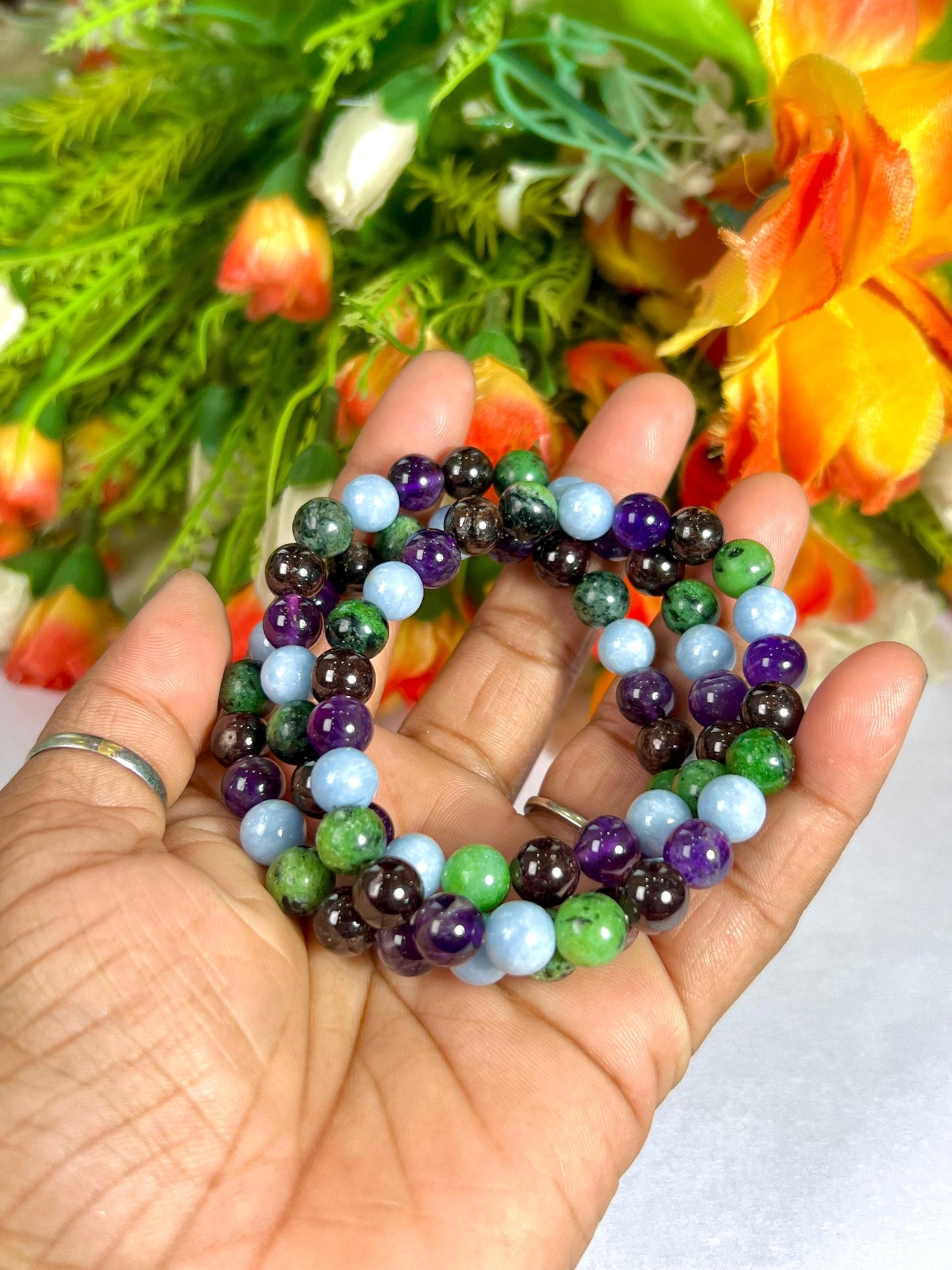 Aquarius Zodiac Sign Stone Bracelet Planet Uranus Bracelet Element Air Bracelet, Garnet, Ruby Zosite, Amethyst ,Angelite Stone Bracelet 8 mm