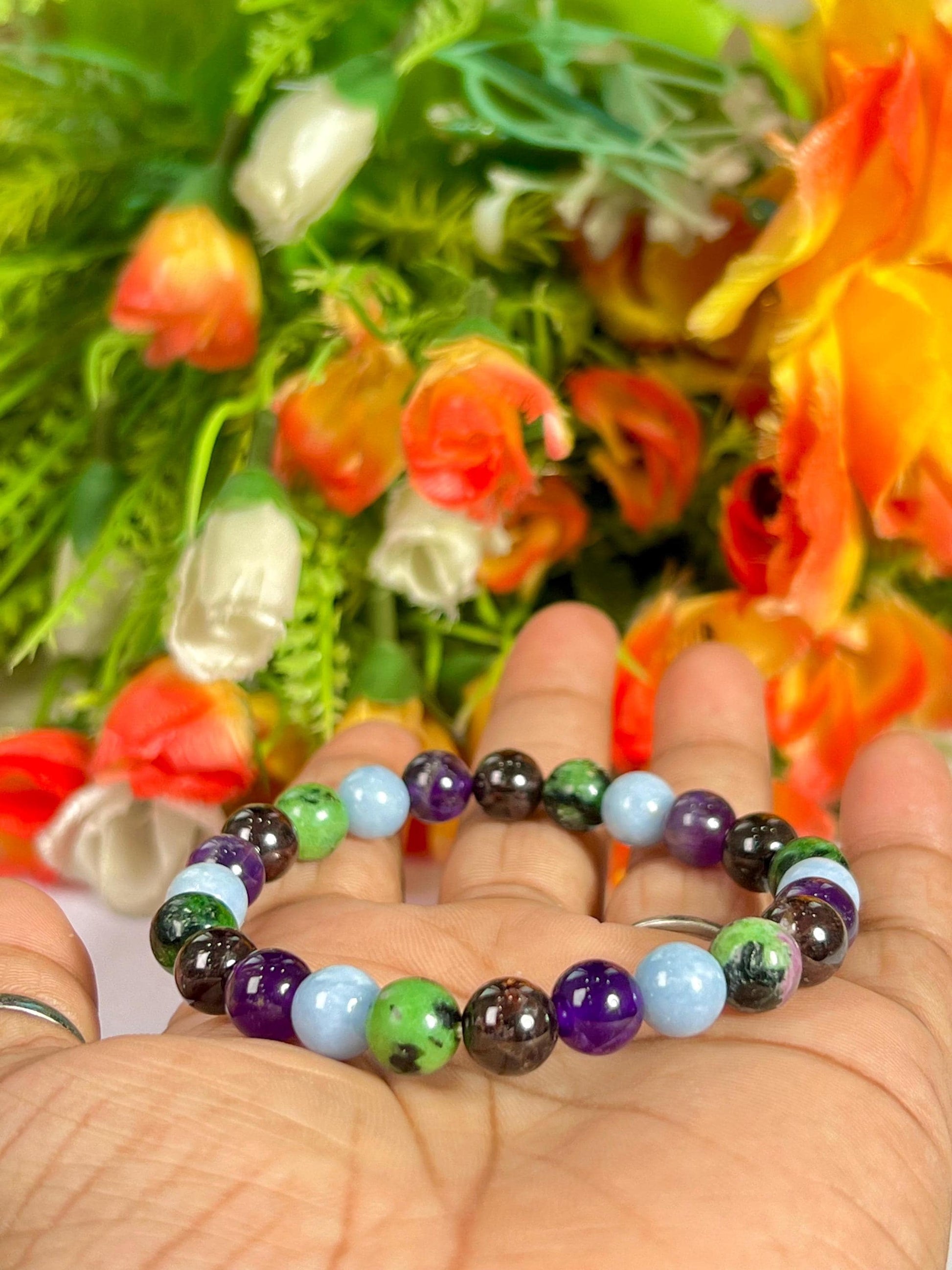 Aquarius Zodiac Sign Stone Bracelet Planet Uranus Bracelet Element Air Bracelet, Garnet, Ruby Zosite, Amethyst ,Angelite Stone Bracelet 8 mm