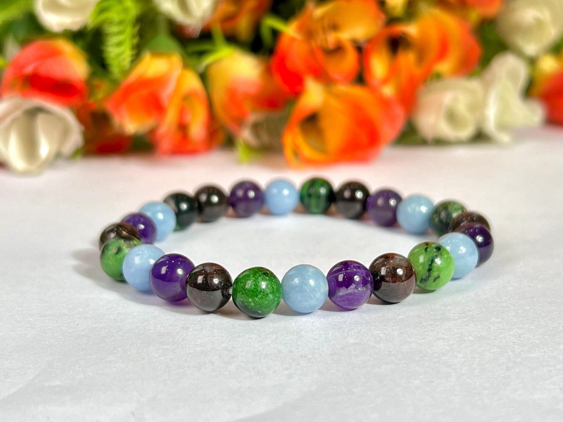Aquarius Zodiac Sign Stone Bracelet Planet Uranus Bracelet Element Air Bracelet, Garnet, Ruby Zosite, Amethyst ,Angelite Stone Bracelet 8 mm
