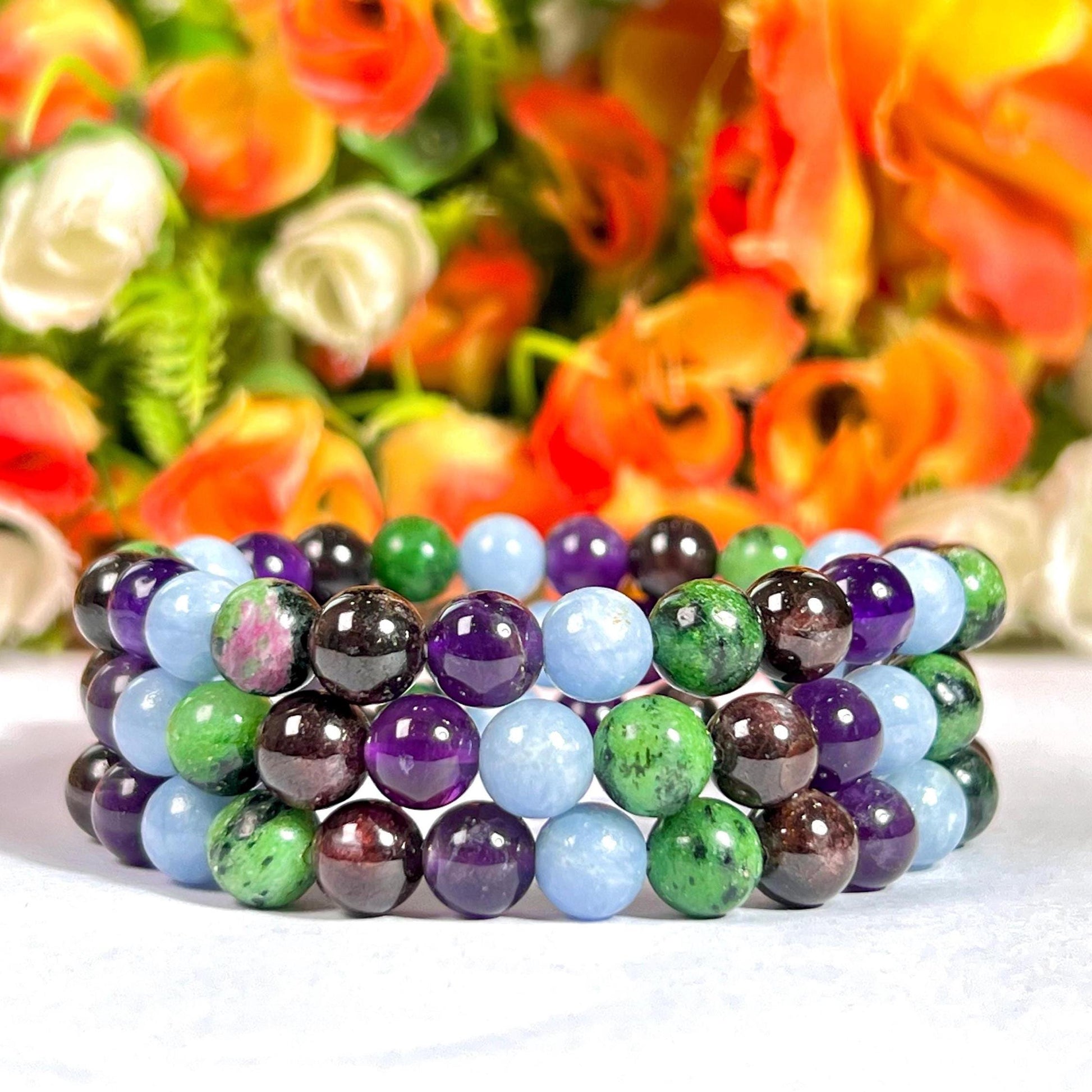 Aquarius Zodiac Sign Stone Bracelet Planet Uranus Bracelet Element Air Bracelet, Garnet, Ruby Zosite, Amethyst ,Angelite Stone Bracelet 8 mm