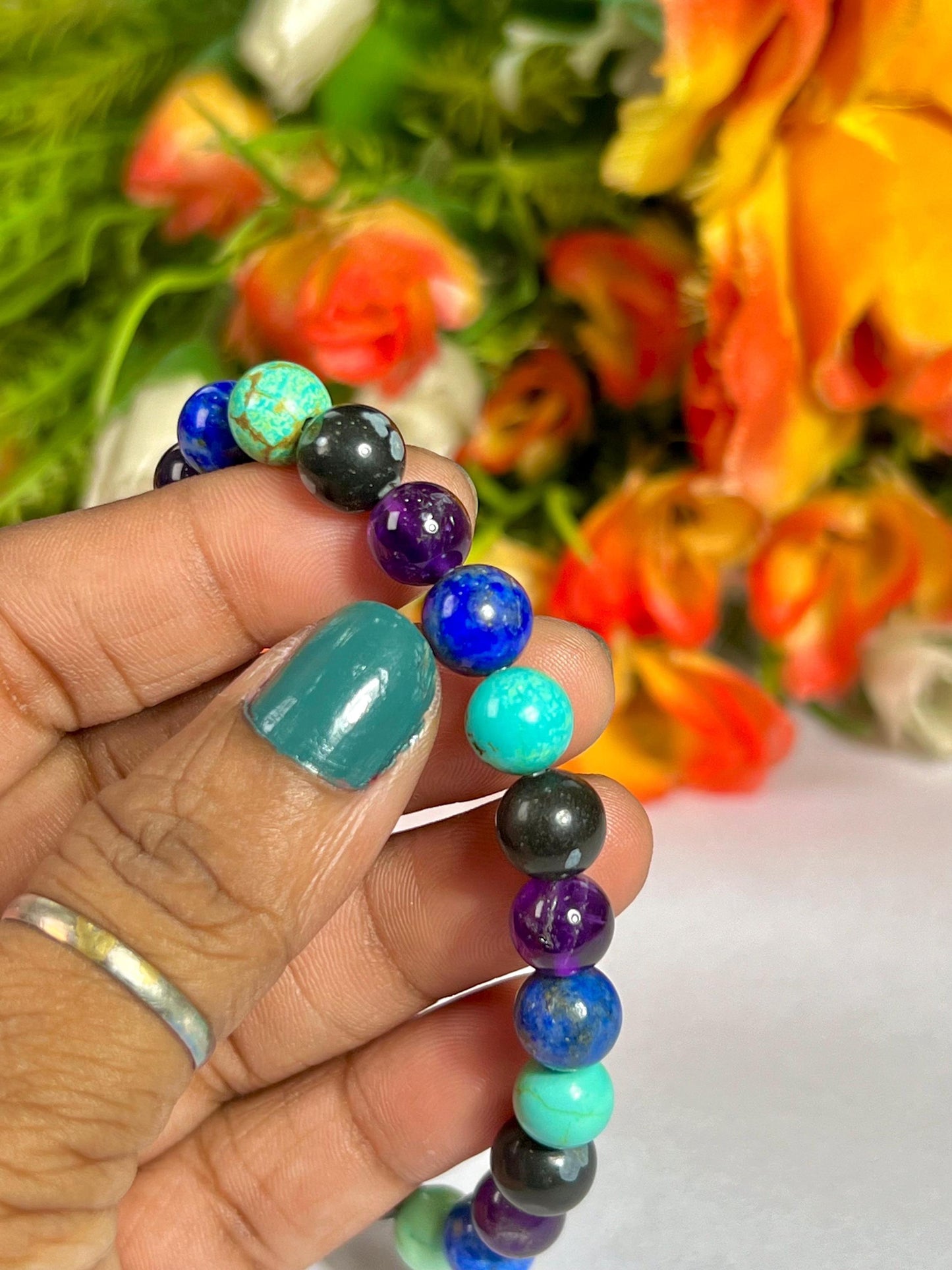 Sagittarius Zodiac Sign Stone Bracelet Planet Jupiter Element Fire Lapis Lazuli,Howlite Turquoise,Snowflake Obsidian,Amethyst Bracelet 8 mm