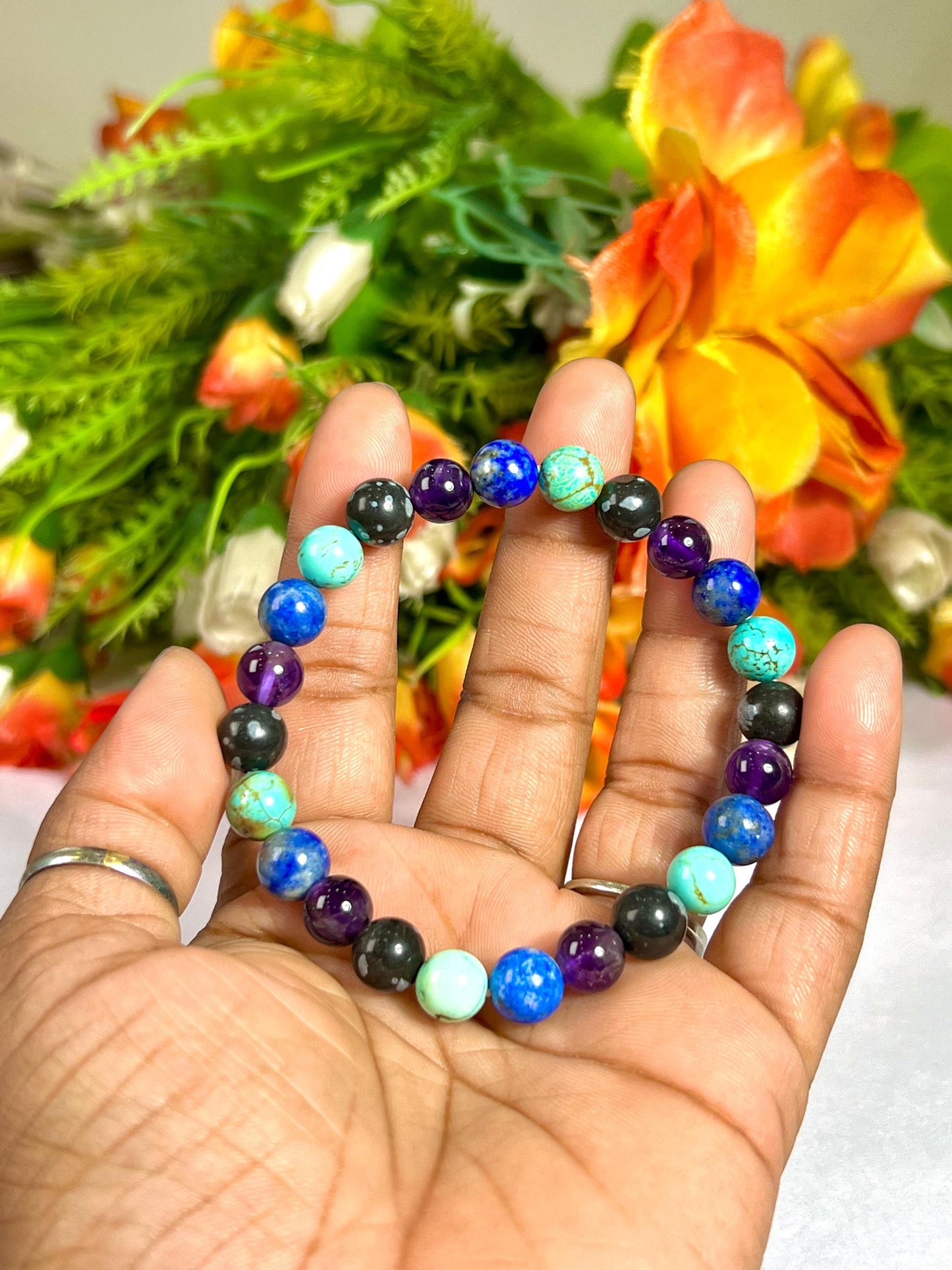 Sagittarius Zodiac Sign Stone Bracelet Planet Jupiter Element Fire Lapis Lazuli,Howlite Turquoise,Snowflake Obsidian,Amethyst Bracelet 8 mm