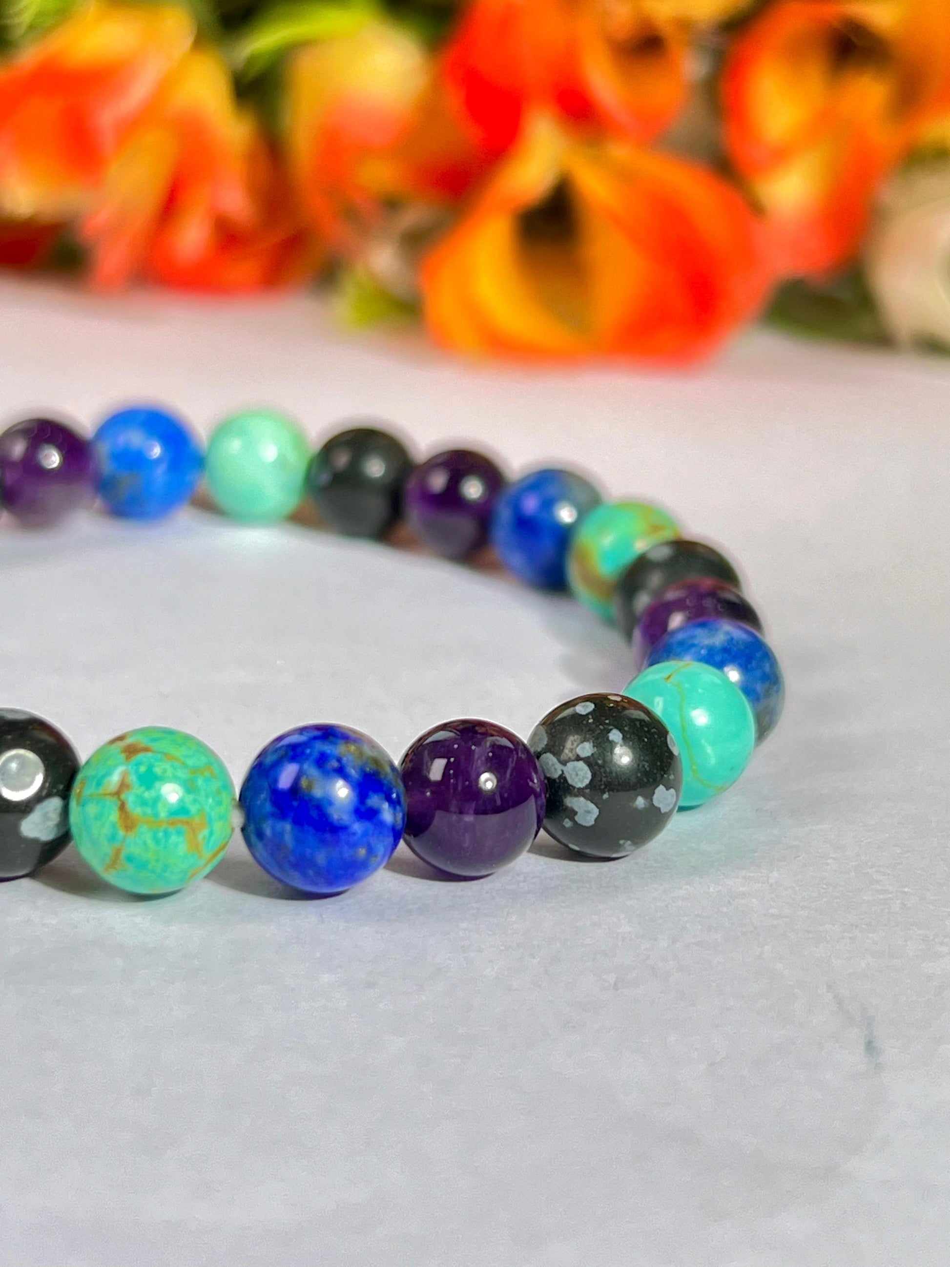 Sagittarius Zodiac Sign Stone Bracelet Planet Jupiter Element Fire Lapis Lazuli,Howlite Turquoise,Snowflake Obsidian,Amethyst Bracelet 8 mm