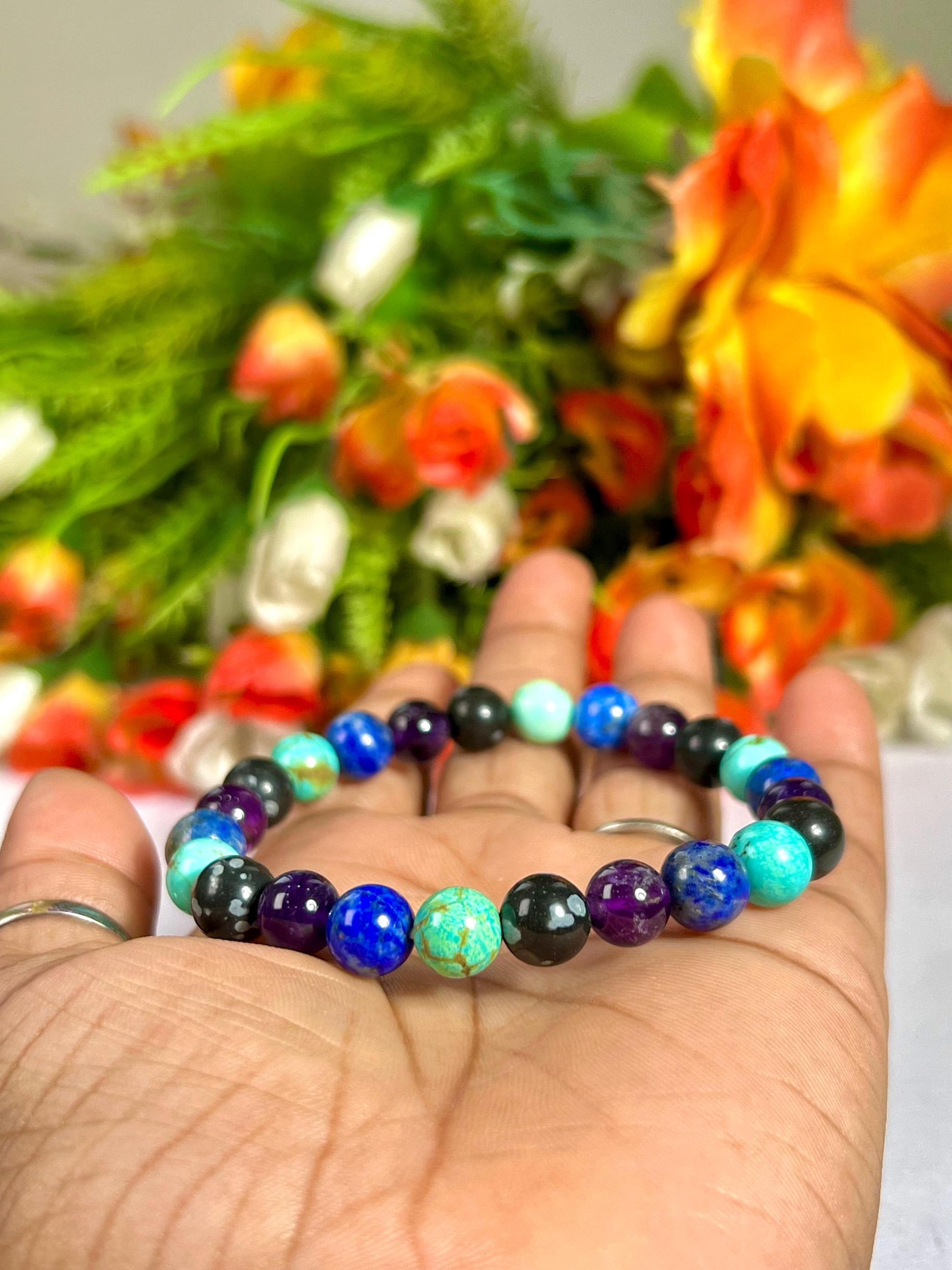 Sagittarius Zodiac Sign Stone Bracelet Planet Jupiter Element Fire Lapis Lazuli,Howlite Turquoise,Snowflake Obsidian,Amethyst Bracelet 8 mm