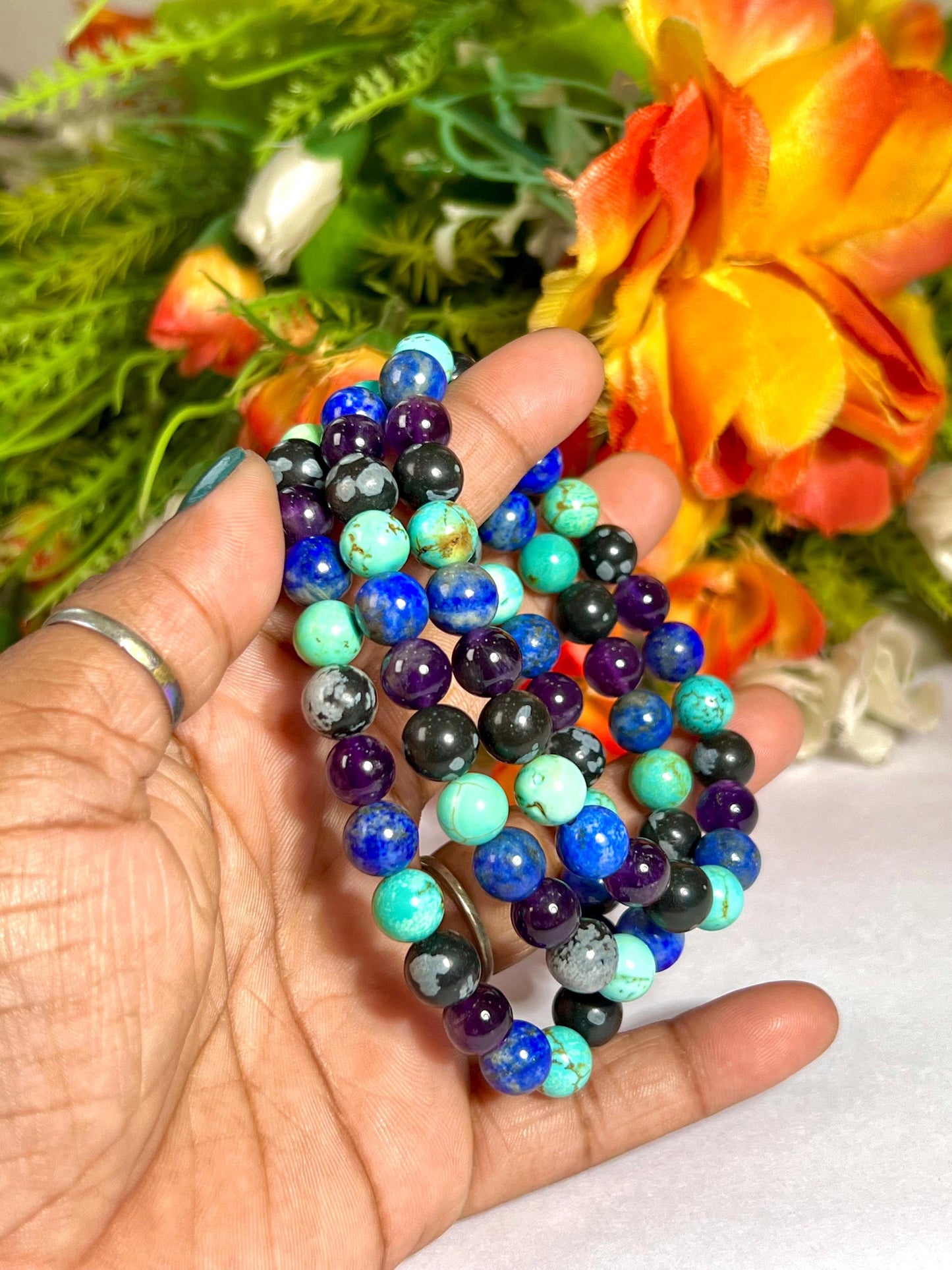 Sagittarius Zodiac Sign Stone Bracelet Planet Jupiter Element Fire Lapis Lazuli,Howlite Turquoise,Snowflake Obsidian,Amethyst Bracelet 8 mm