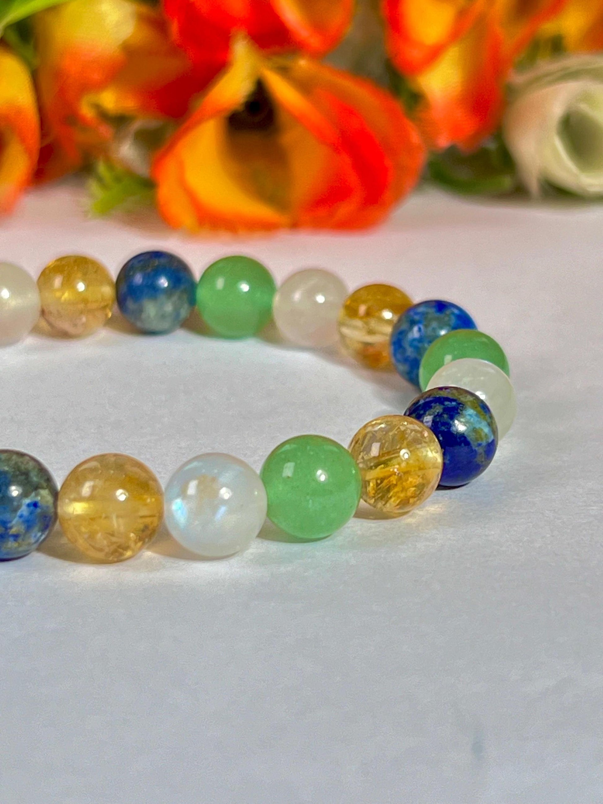 Libra Zodiac Sign Stone Bracelet Planet Venus Bracelet Element Air Bracelet Lapis Lazuli, Citrine ,R Moonstone, G Aventurine Bracelet 8 mm