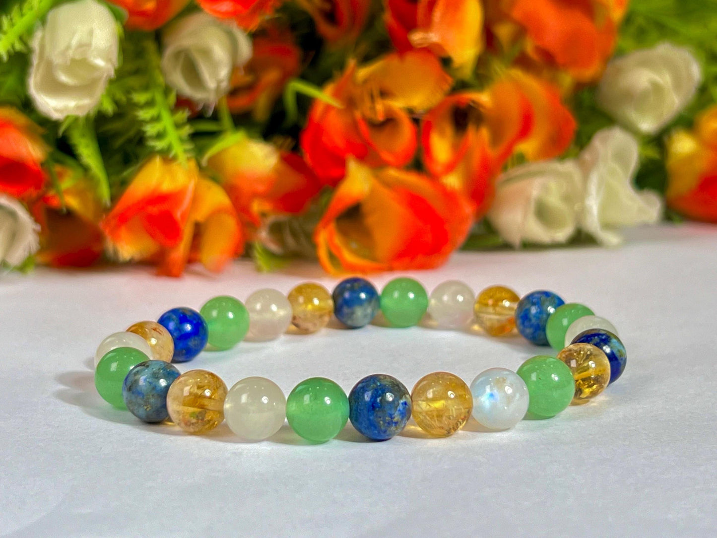 Libra Zodiac Sign Stone Bracelet Planet Venus Bracelet Element Air Bracelet Lapis Lazuli, Citrine ,R Moonstone, G Aventurine Bracelet 8 mm