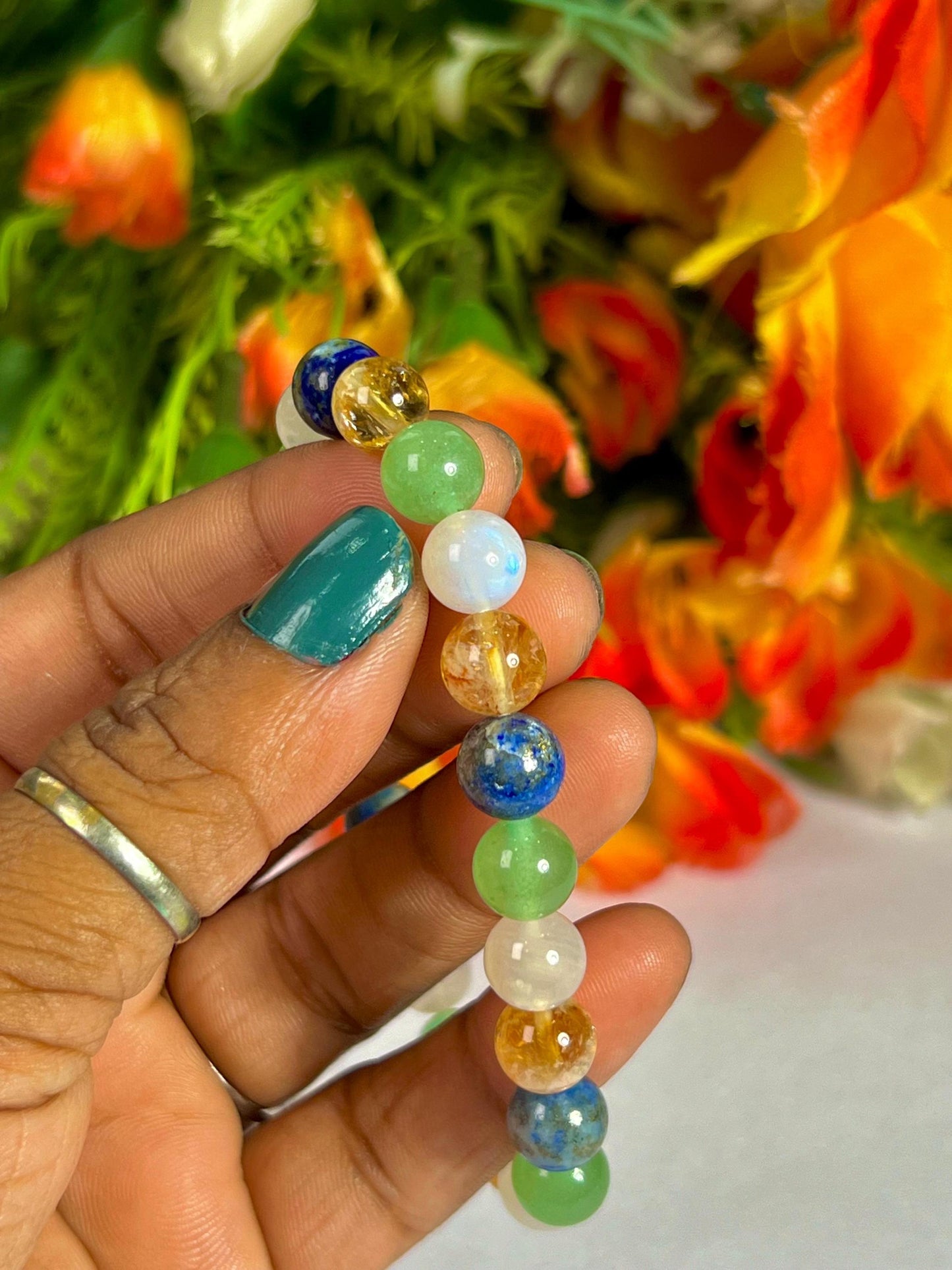 Libra Zodiac Sign Stone Bracelet Planet Venus Bracelet Element Air Bracelet Lapis Lazuli, Citrine ,R Moonstone, G Aventurine Bracelet 8 mm