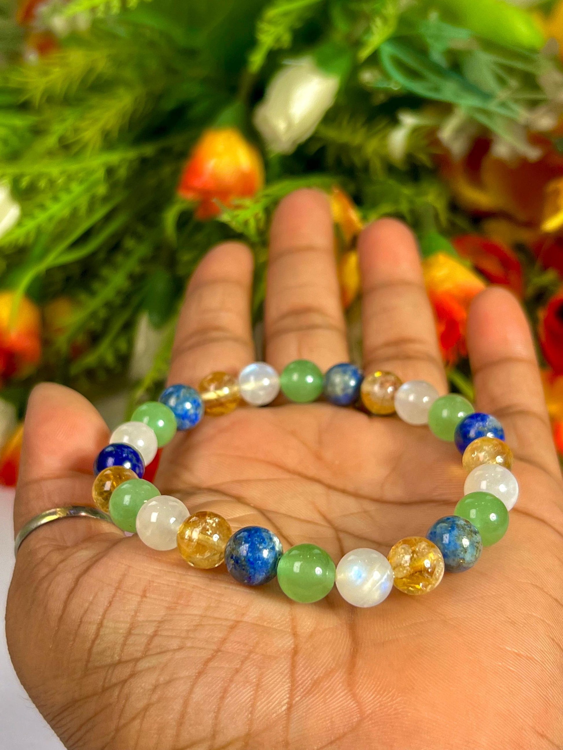 Libra Zodiac Sign Stone Bracelet Planet Venus Bracelet Element Air Bracelet Lapis Lazuli, Citrine ,R Moonstone, G Aventurine Bracelet 8 mm