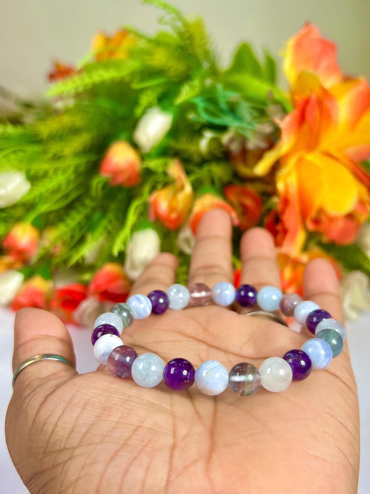 Pisces Zodiac Sign Stone Bracelet | Planet Neptune Element Water Bracelet | Blue Lace Agate, Amethyst, Aquamarine, Fluorite Bracelet