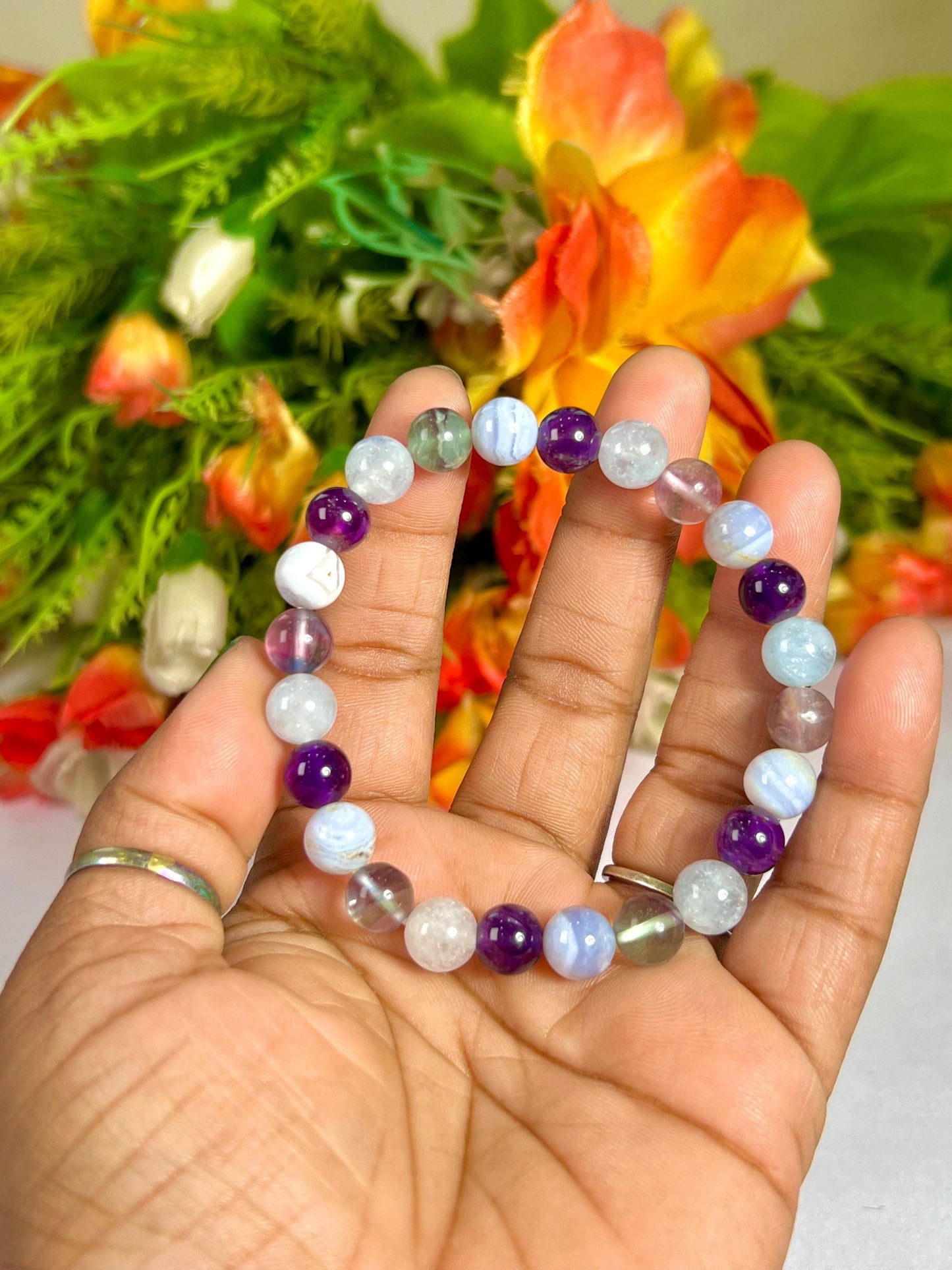 Pisces Zodiac Sign Stone Bracelet | Planet Neptune Element Water Bracelet | Blue Lace Agate, Amethyst, Aquamarine, Fluorite Bracelet