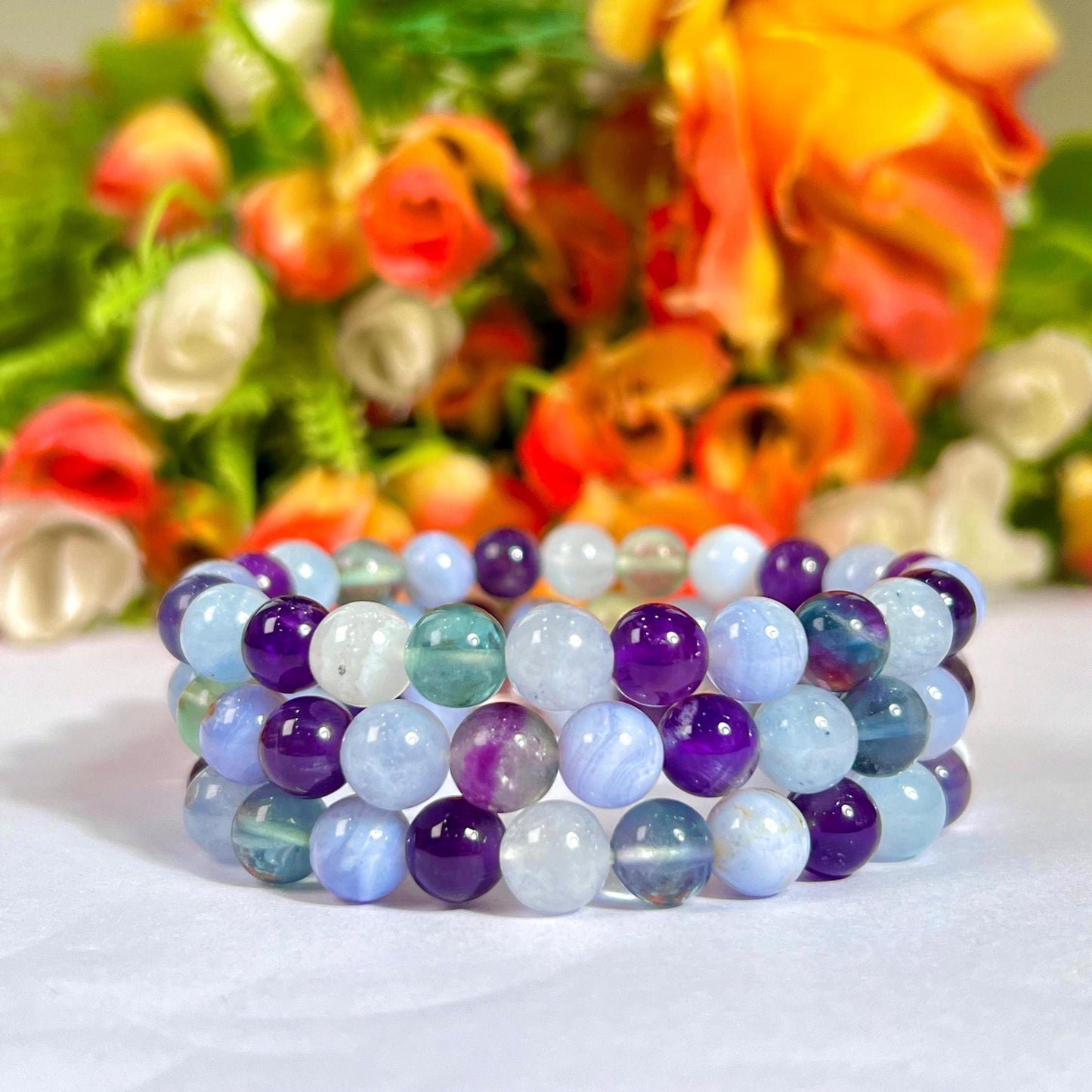 Pisces Zodiac Sign Stone Bracelet | Planet Neptune Element Water Bracelet | Blue Lace Agate, Amethyst, Aquamarine, Fluorite Bracelet