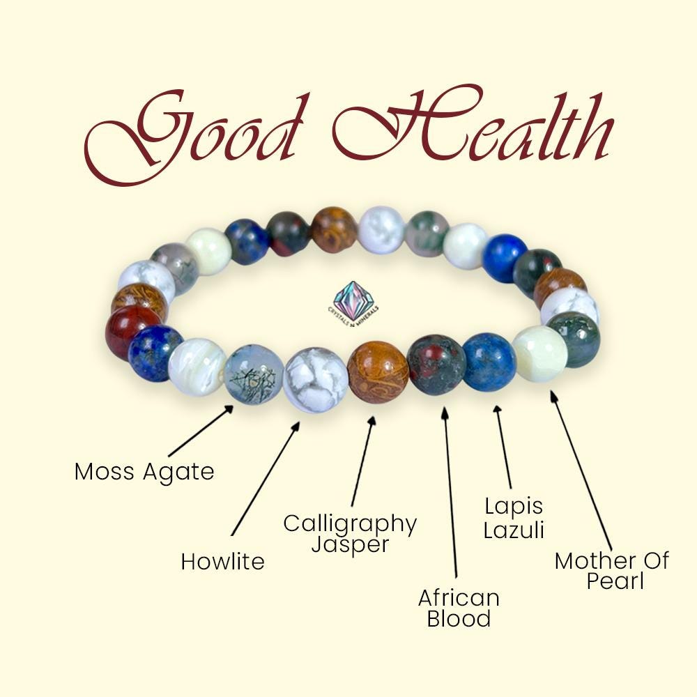 Good Health Crystal Bracelet – Moss Agate, Howlite, Calligraphy Jasper, Bloodstone, Lapis Lazuli & Mother of Pearl