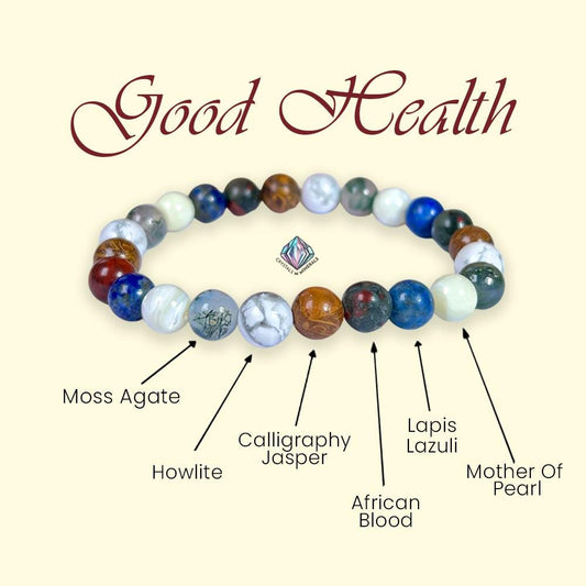 Good Health Crystal Bracelet – Moss Agate, Howlite, Calligraphy Jasper, Bloodstone, Lapis Lazuli & Mother of Pearl