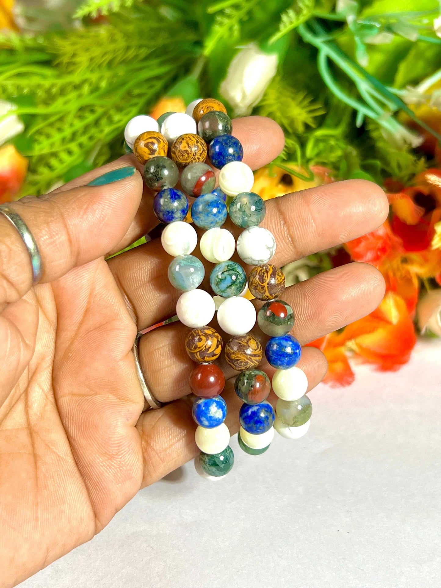 Good Health Crystal Bracelet – Moss Agate, Howlite, Calligraphy Jasper, Bloodstone, Lapis Lazuli & Mother of Pearl