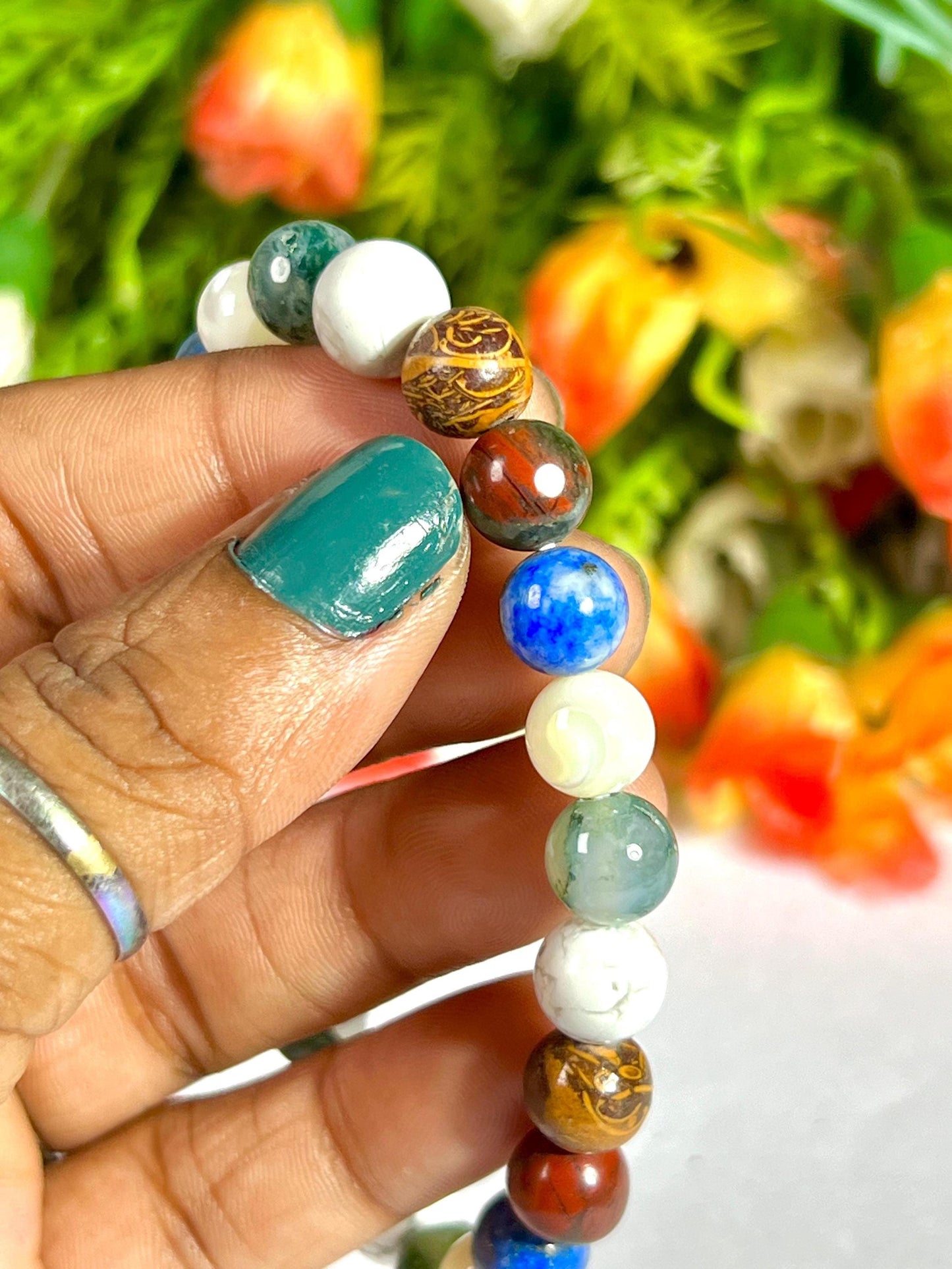 Good Health Crystal Bracelet – Moss Agate, Howlite, Calligraphy Jasper, Bloodstone, Lapis Lazuli & Mother of Pearl