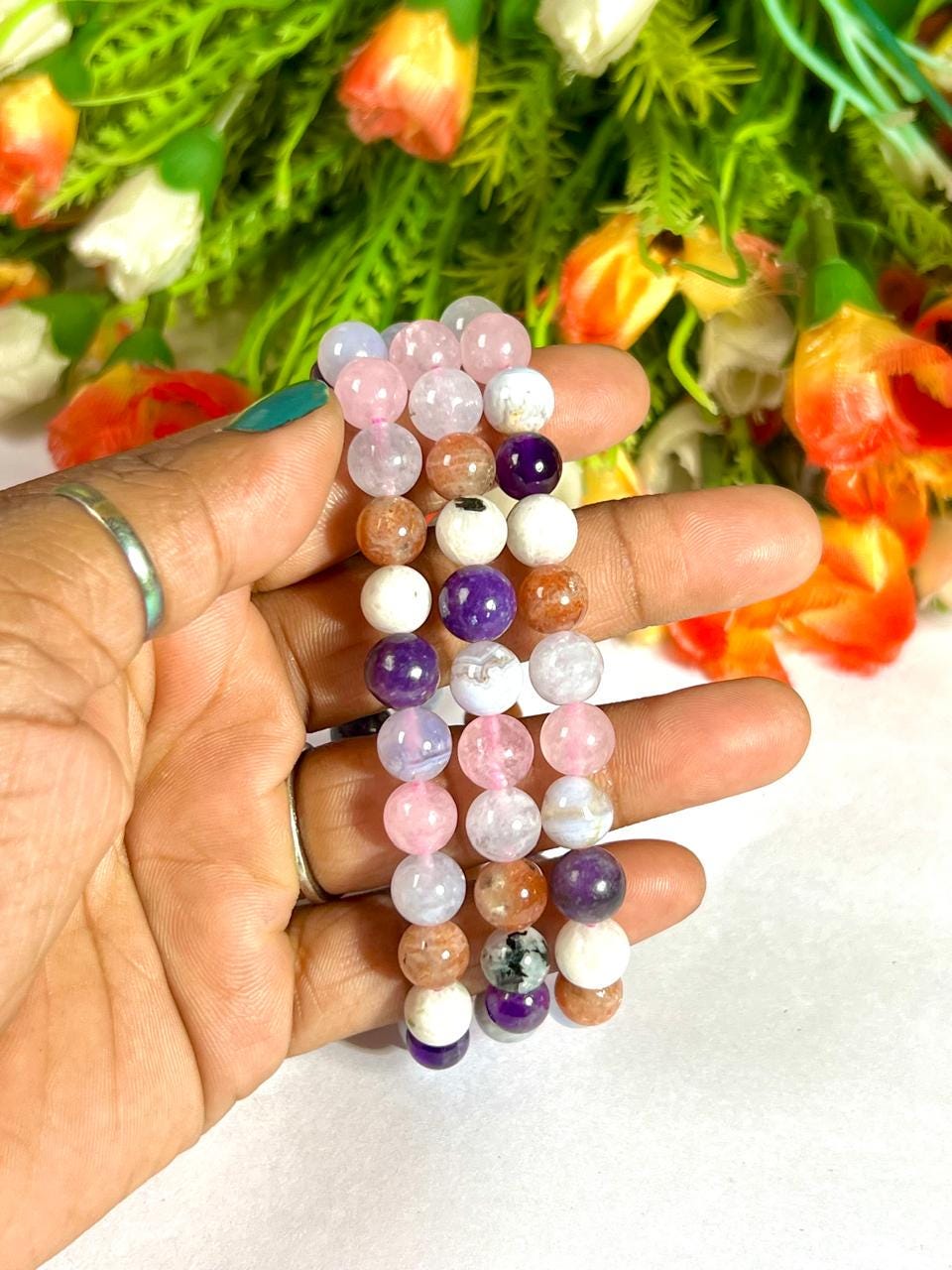 Anxiety and Stress Relief Crystal Bracelet – Aquamarine, Sunstone, Rainbow Moonstone, Amethyst, Blue Lace Agate, Rose Quartz and Lepidolite