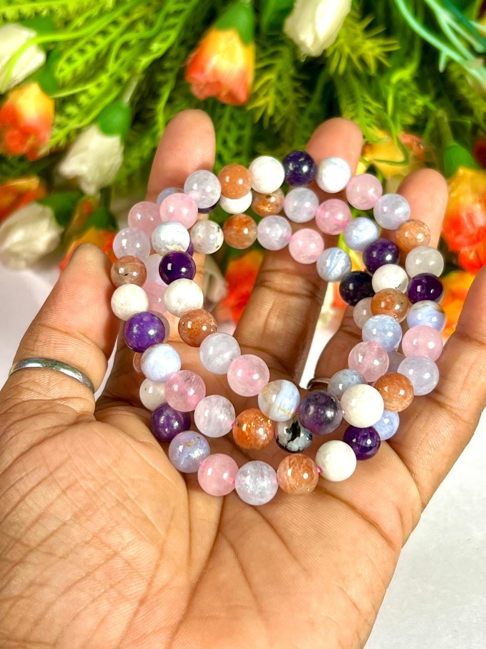 Anxiety and Stress Relief Crystal Bracelet – Aquamarine, Sunstone, Rainbow Moonstone, Amethyst, Blue Lace Agate, Rose Quartz and Lepidolite