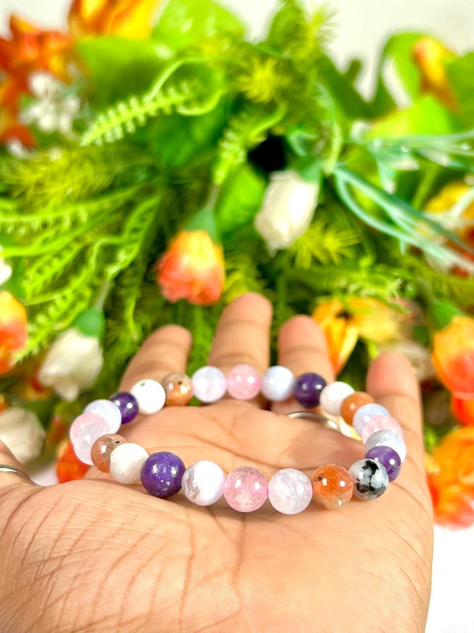 Anxiety and Stress Relief Crystal Bracelet – Aquamarine, Sunstone, Rainbow Moonstone, Amethyst, Blue Lace Agate, Rose Quartz and Lepidolite
