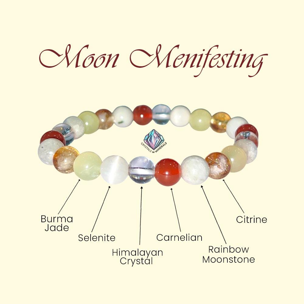 Moon Manifesting Soon Crystal Stone ,Burma Jade, Selenite, Himalayan Crystal, Carnelian, Rainbow Moonstone, Citrine Stone Bracelet 8 mm