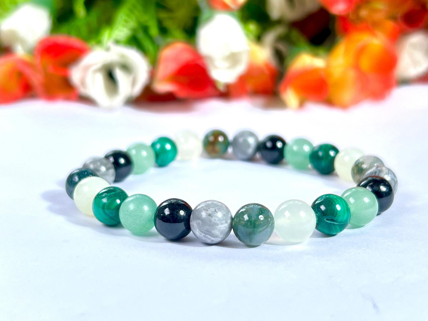 Good Luck Crystal Stone Moss Agate ,Burma Jade ,Malachite ,Green Aventurine ,Black Tourmaline, Flint, Stone Bracelet 8 mm