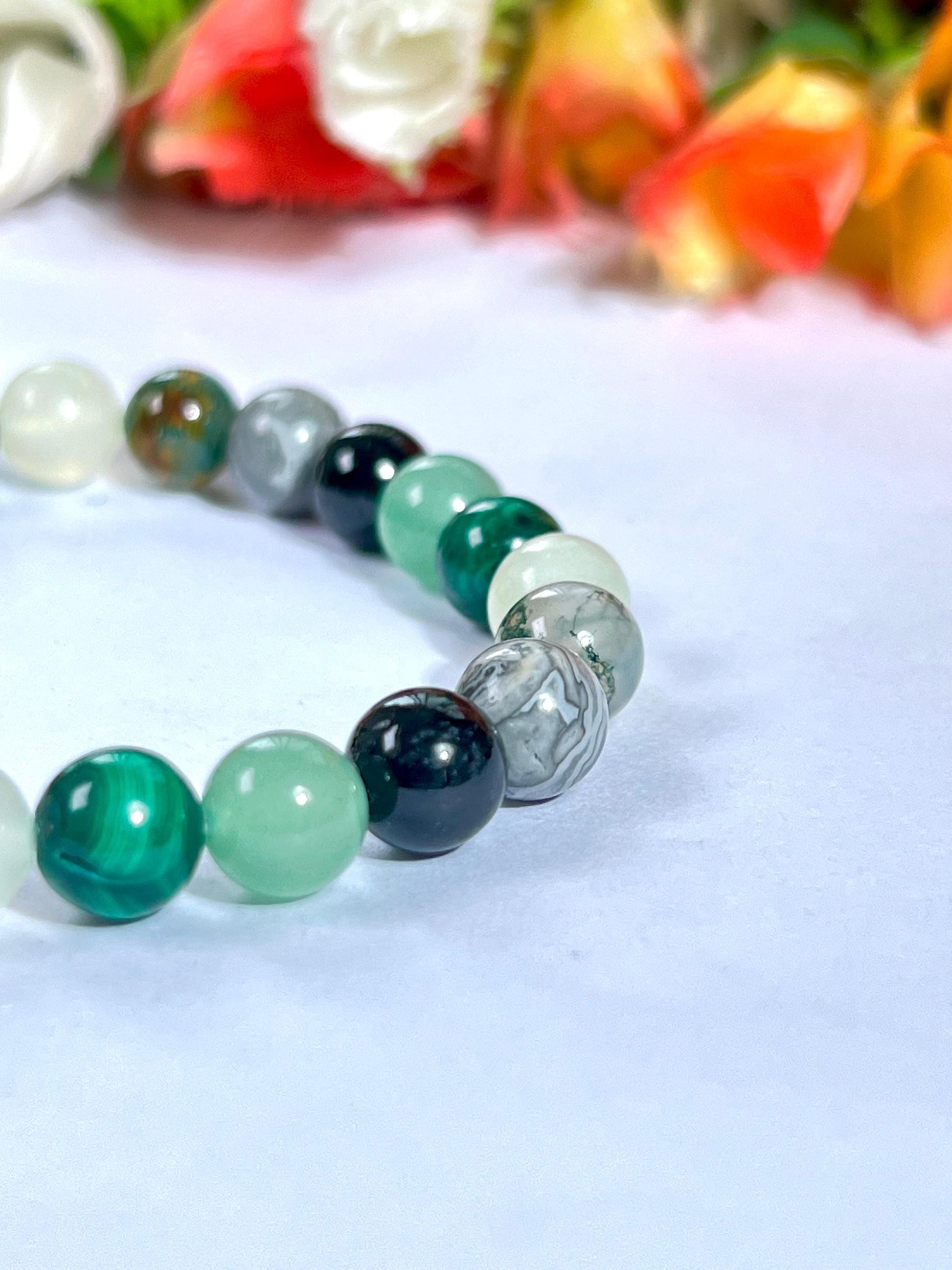 Good Luck Crystal Stone Moss Agate ,Burma Jade ,Malachite ,Green Aventurine ,Black Tourmaline, Flint, Stone Bracelet 8 mm