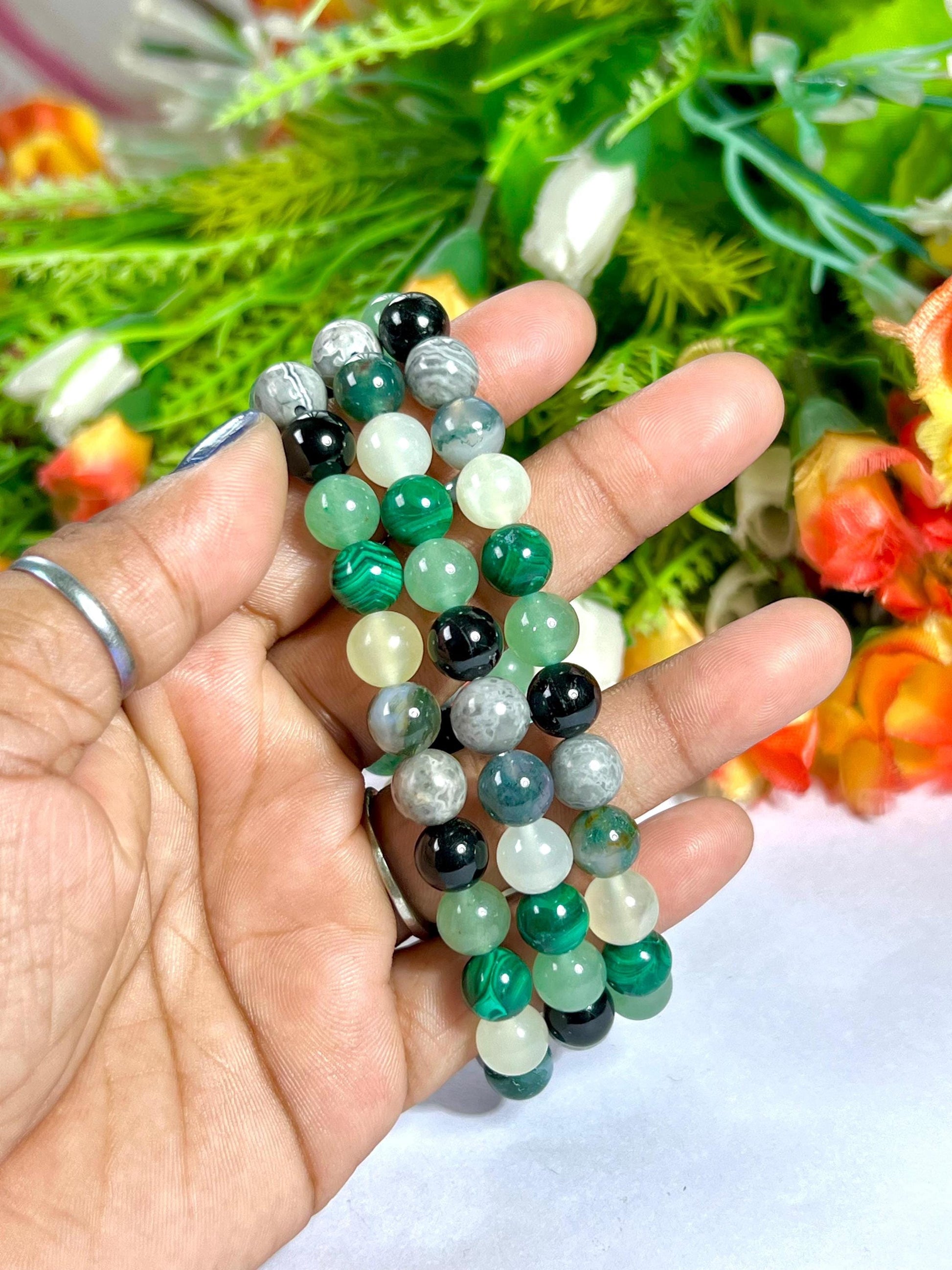 Good Luck Crystal Stone Moss Agate ,Burma Jade ,Malachite ,Green Aventurine ,Black Tourmaline, Flint, Stone Bracelet 8 mm