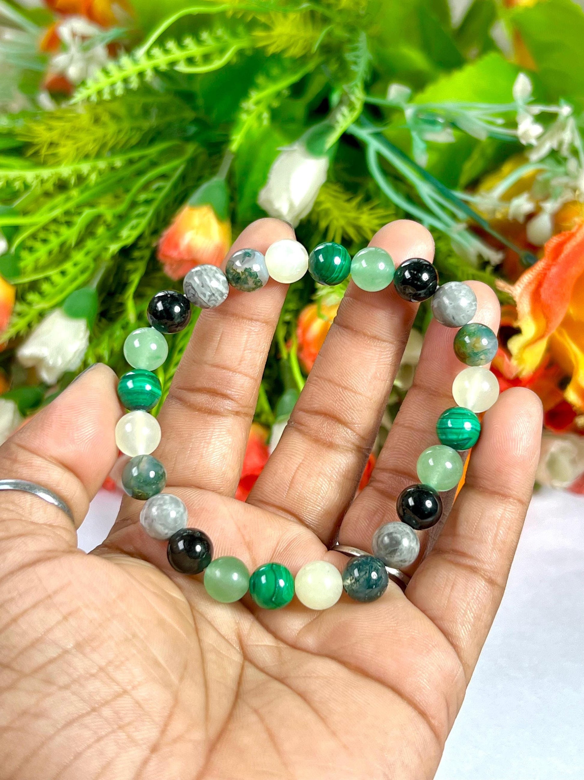 Good Luck Crystal Stone Moss Agate ,Burma Jade ,Malachite ,Green Aventurine ,Black Tourmaline, Flint, Stone Bracelet 8 mm