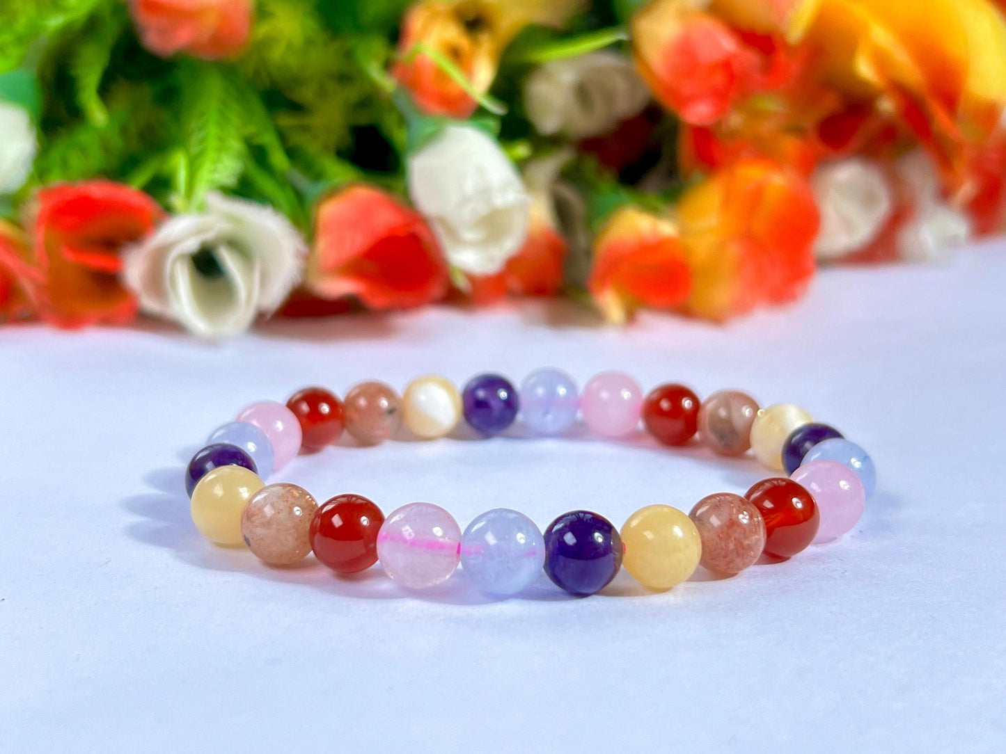 Get Well Soon Crystal Stone Stretchable Bracelet Amethyst ,Calcite, Sunstone, Carnelian, Rose Quartz, Aquamarine Stone Bracelet 8 mm