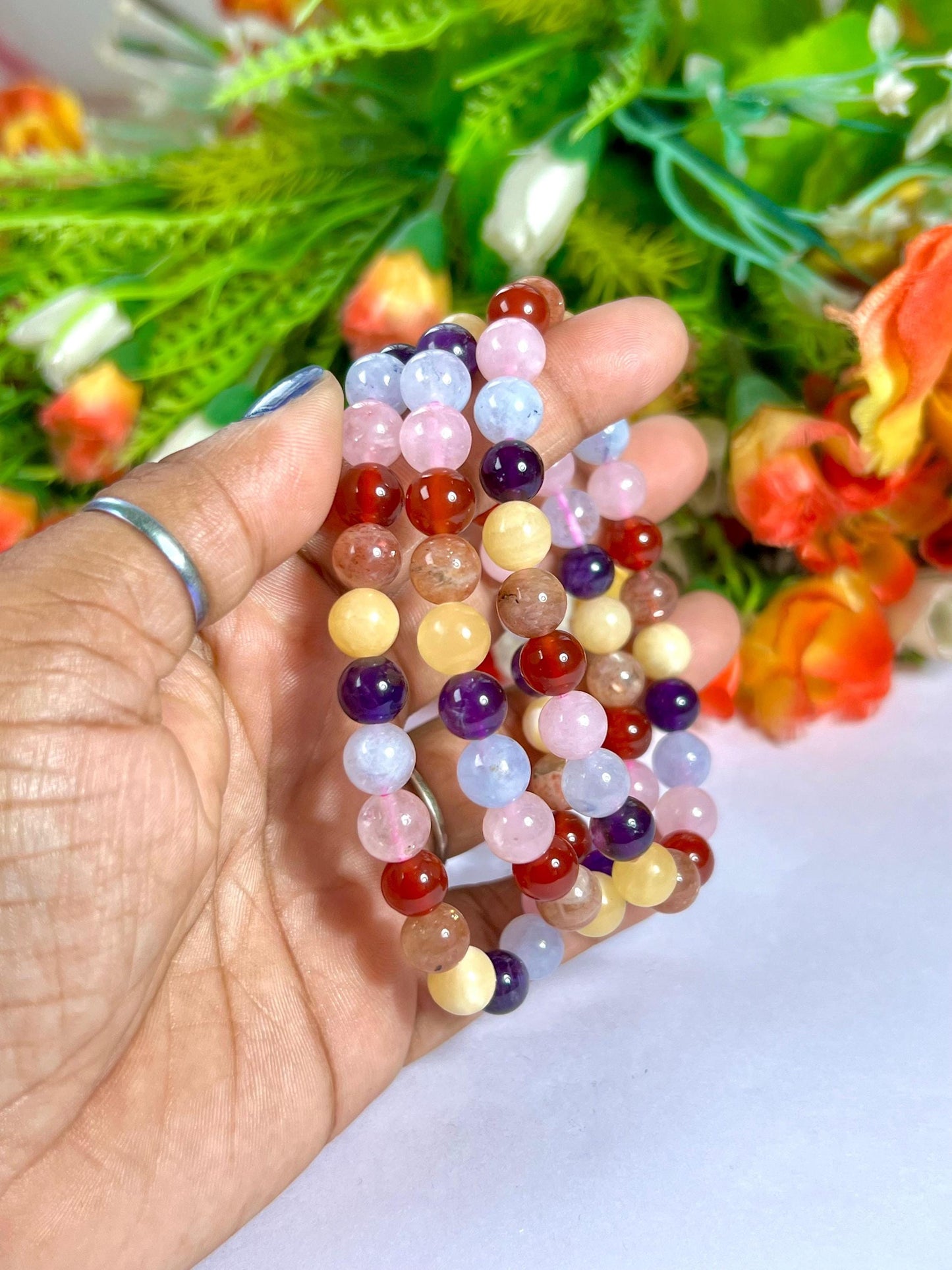 Get Well Soon Crystal Stone Stretchable Bracelet Amethyst ,Calcite, Sunstone, Carnelian, Rose Quartz, Aquamarine Stone Bracelet 8 mm