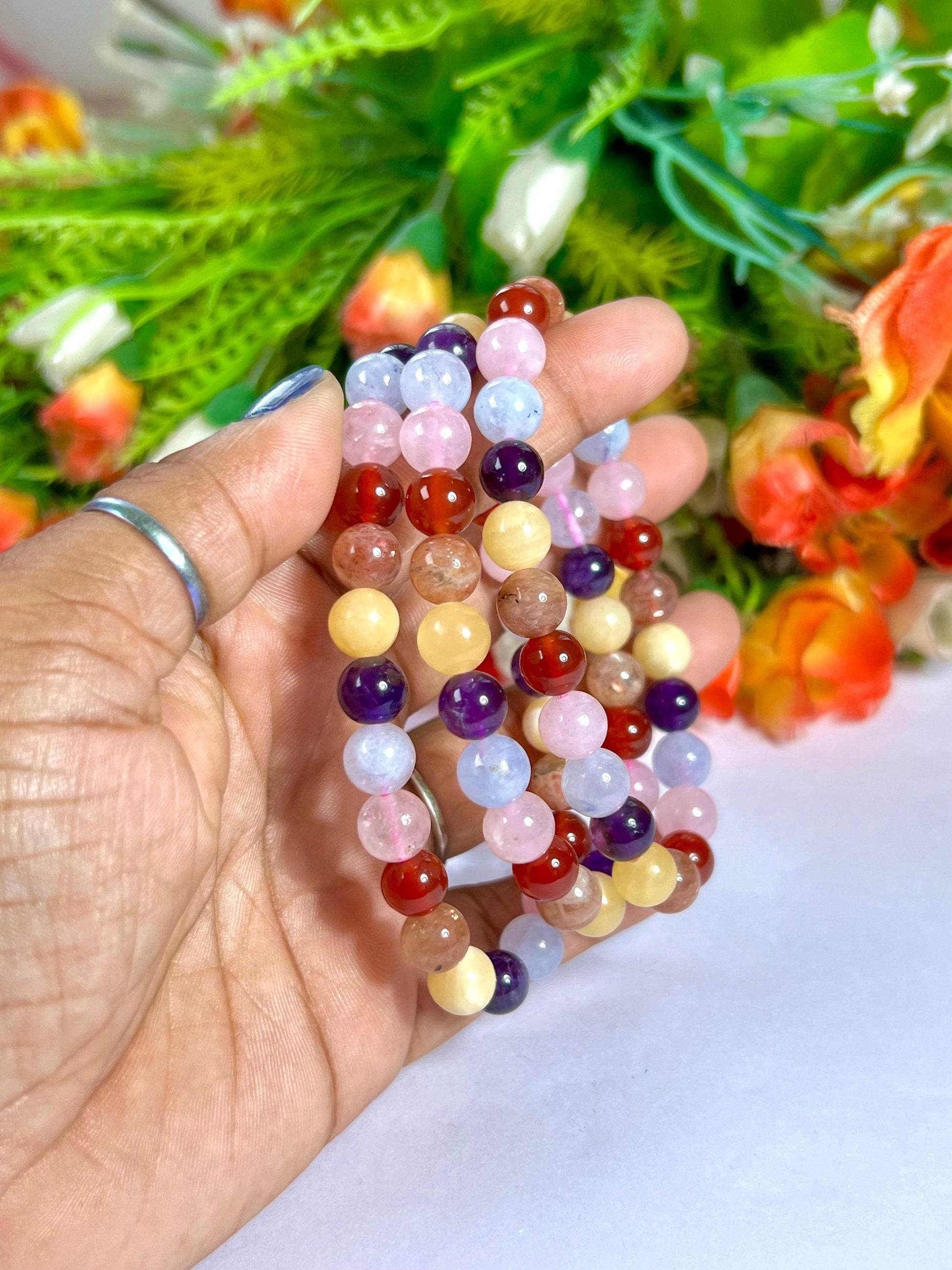 Get Well Soon Crystal Stone Stretchable Bracelet Amethyst ,Calcite, Sunstone, Carnelian, Rose Quartz, Aquamarine Stone Bracelet 8 mm