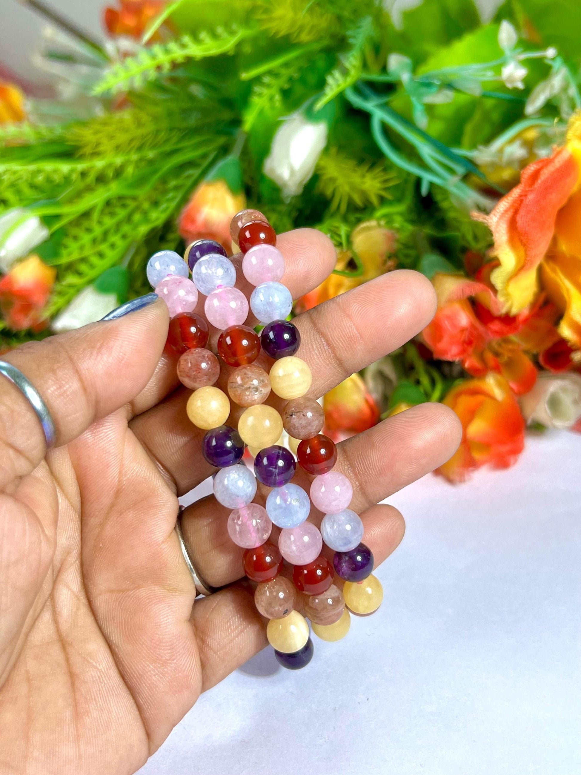 Get Well Soon Crystal Stone Stretchable Bracelet Amethyst ,Calcite, Sunstone, Carnelian, Rose Quartz, Aquamarine Stone Bracelet 8 mm