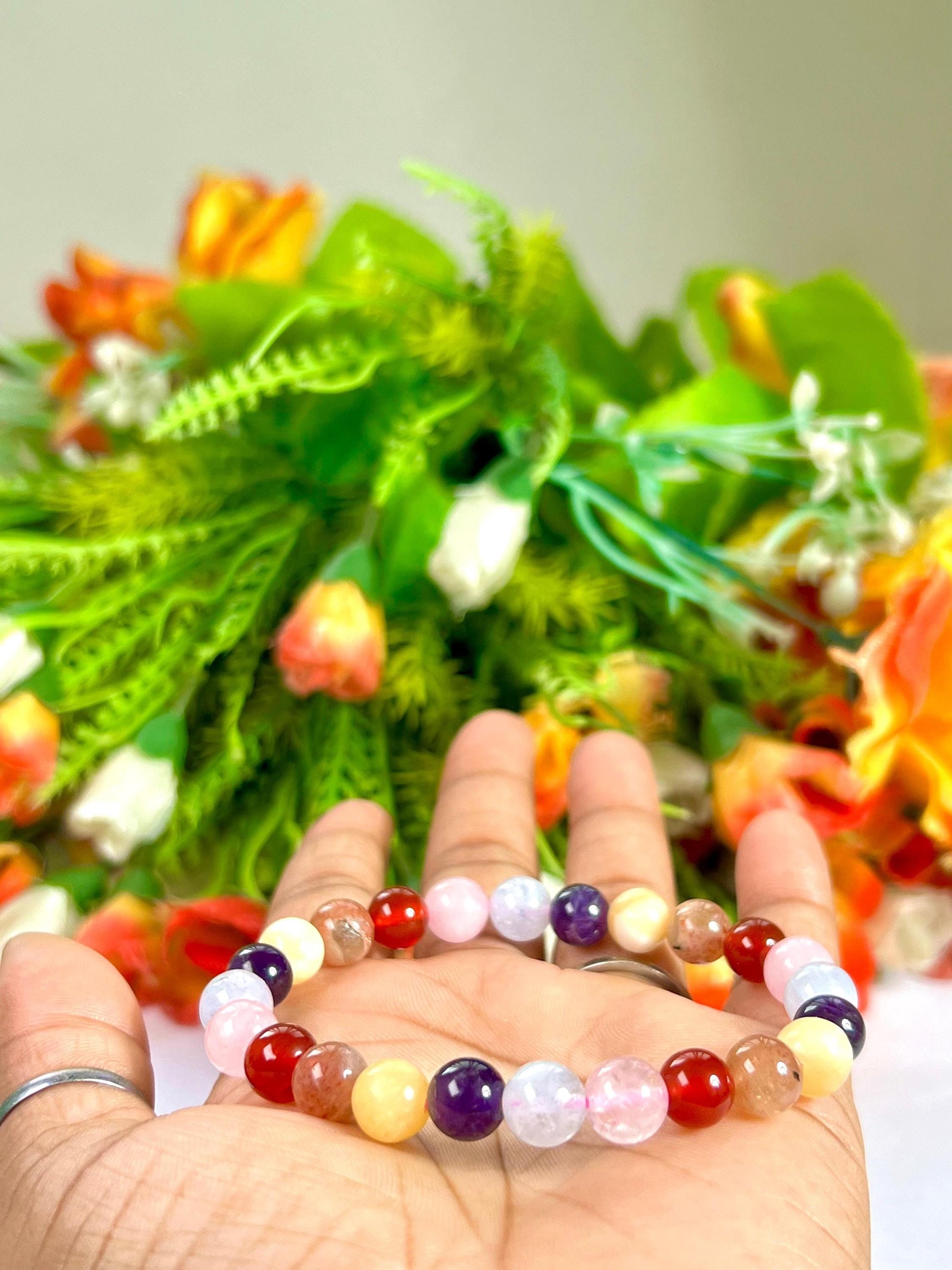 Get Well Soon Crystal Stone Stretchable Bracelet Amethyst ,Calcite, Sunstone, Carnelian, Rose Quartz, Aquamarine Stone Bracelet 8 mm
