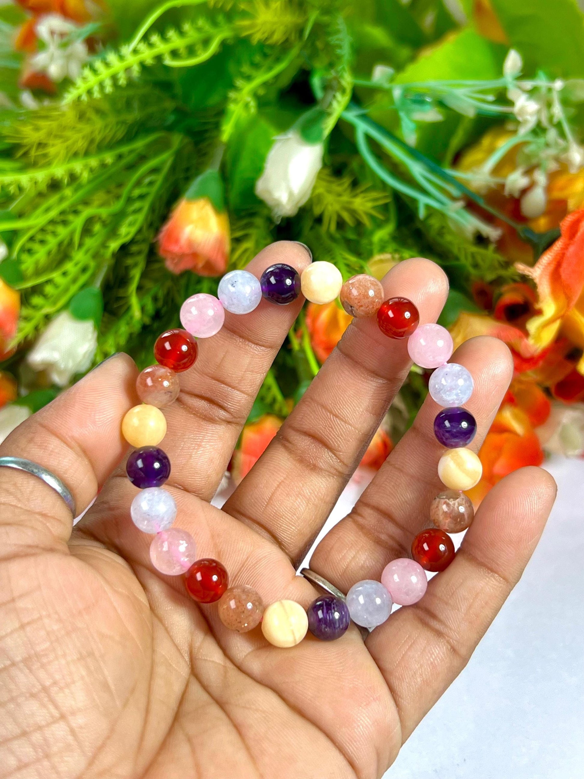 Get Well Soon Crystal Stone Stretchable Bracelet Amethyst ,Calcite, Sunstone, Carnelian, Rose Quartz, Aquamarine Stone Bracelet 8 mm