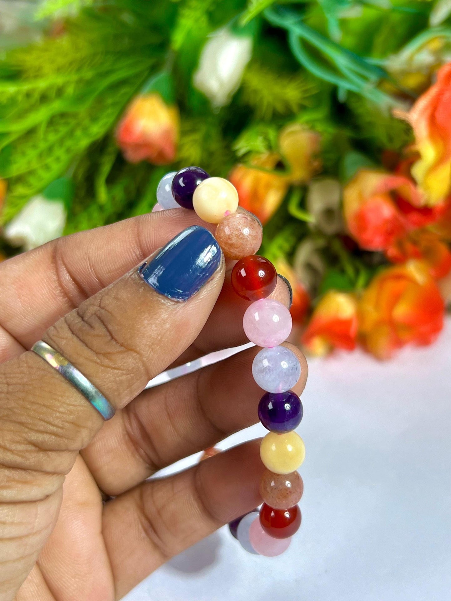 Get Well Soon Crystal Stone Stretchable Bracelet Amethyst ,Calcite, Sunstone, Carnelian, Rose Quartz, Aquamarine Stone Bracelet 8 mm
