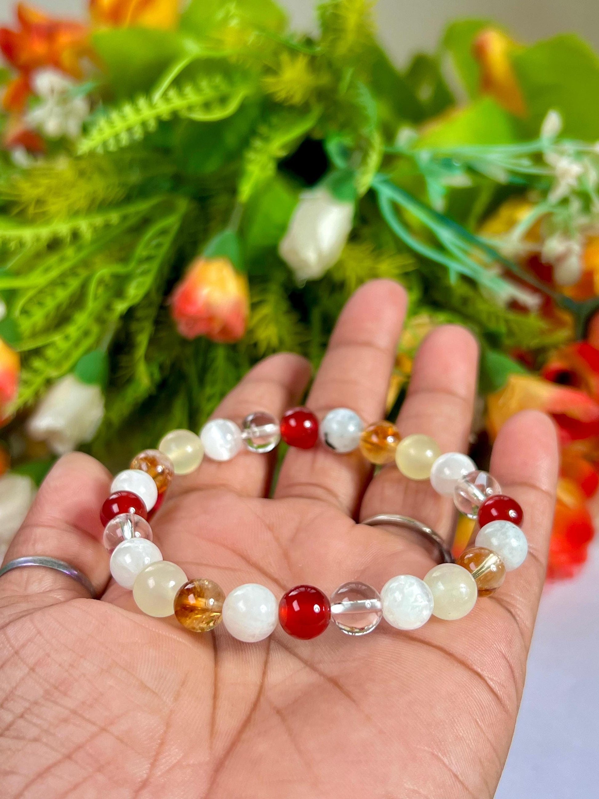 Moon Manifesting Soon Crystal Stone ,Burma Jade, Selenite, Himalayan Crystal, Carnelian, Rainbow Moonstone, Citrine Stone Bracelet 8 mm