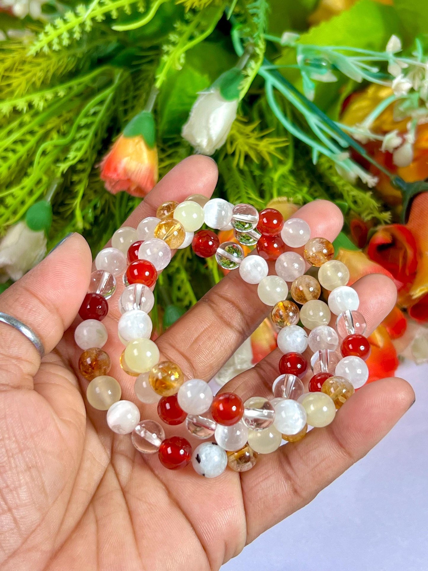 Moon Manifesting Soon Crystal Stone ,Burma Jade, Selenite, Himalayan Crystal, Carnelian, Rainbow Moonstone, Citrine Stone Bracelet 8 mm