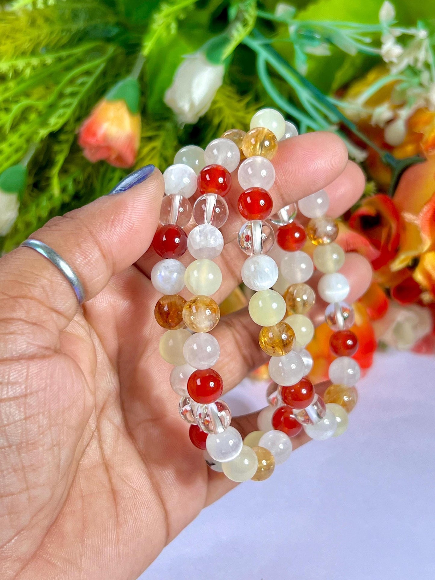 Moon Manifesting Soon Crystal Stone ,Burma Jade, Selenite, Himalayan Crystal, Carnelian, Rainbow Moonstone, Citrine Stone Bracelet 8 mm