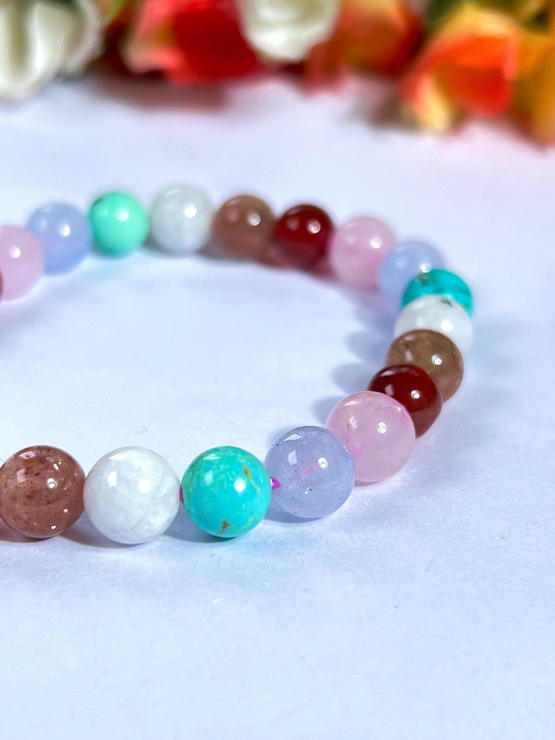 Thinking Of You Soon Crystal Stone, Carnelian, Rose Quartz, Aquamarine ,Turquoise, Rainbow Moonstone, Sunstone, Stone Bracelet 8 mm