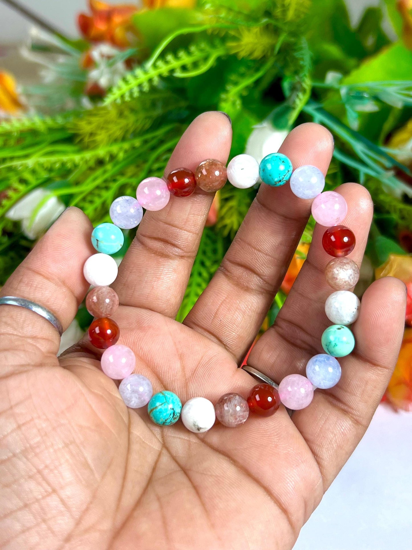 Thinking Of You Soon Crystal Stone, Carnelian, Rose Quartz, Aquamarine ,Turquoise, Rainbow Moonstone, Sunstone, Stone Bracelet 8 mm