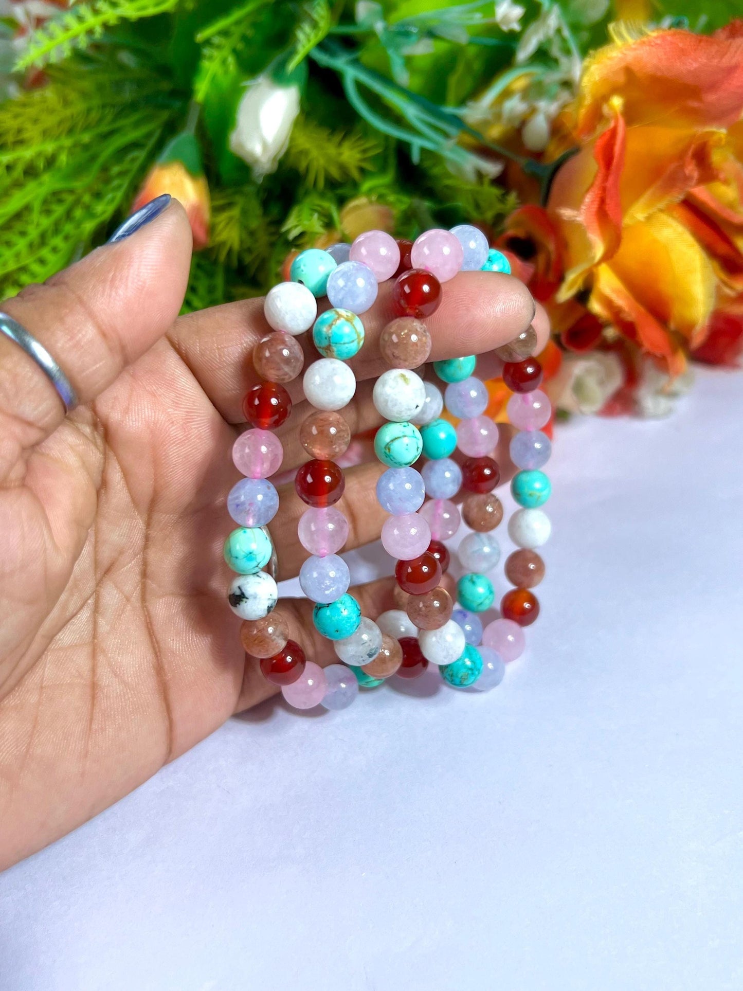 Thinking Of You Soon Crystal Stone, Carnelian, Rose Quartz, Aquamarine ,Turquoise, Rainbow Moonstone, Sunstone, Stone Bracelet 8 mm