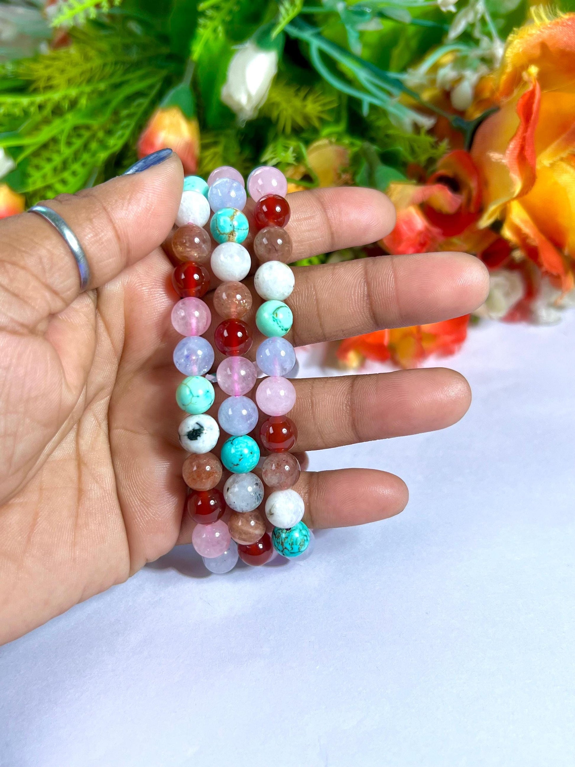 Thinking Of You Soon Crystal Stone, Carnelian, Rose Quartz, Aquamarine ,Turquoise, Rainbow Moonstone, Sunstone, Stone Bracelet 8 mm