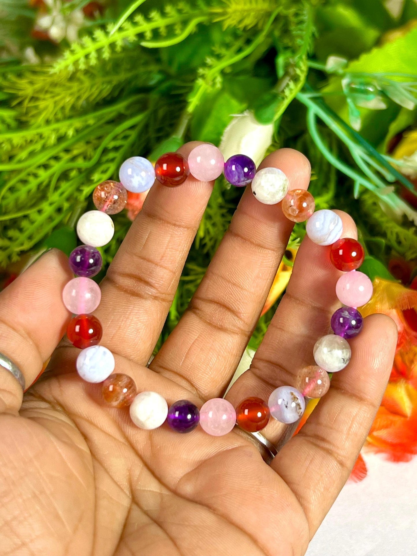 Fertility and Pregnancy Crystal Bracelet – Rose Quartz, Carnelian, Aquamarine, Sunstone, Rainbow Moonstone, Amethyst & Blue Lace Agate