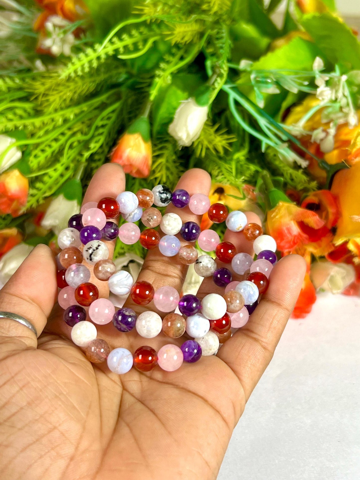 Fertility and Pregnancy Crystal Bracelet – Rose Quartz, Carnelian, Aquamarine, Sunstone, Rainbow Moonstone, Amethyst & Blue Lace Agate