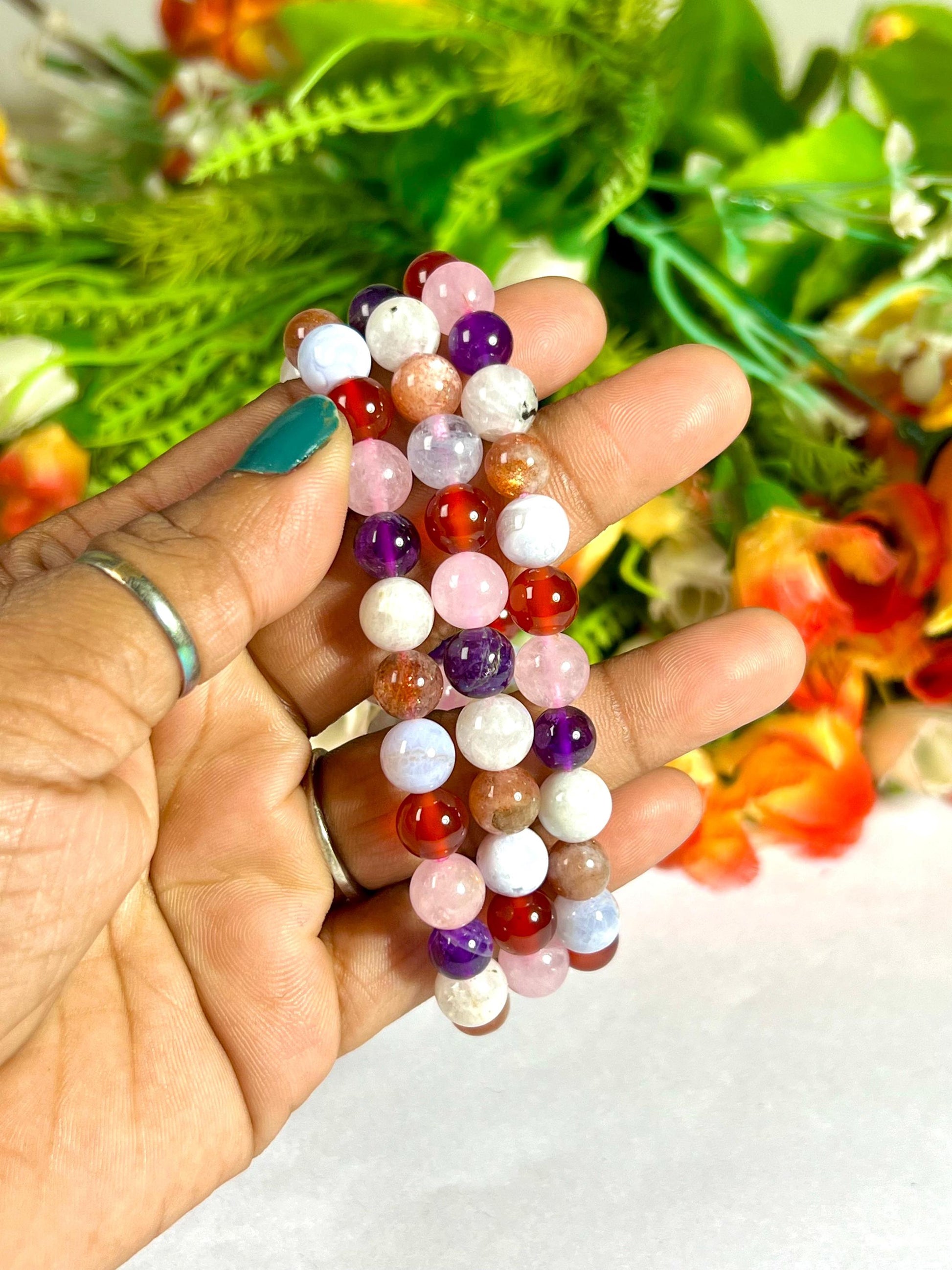 Fertility and Pregnancy Crystal Bracelet – Rose Quartz, Carnelian, Aquamarine, Sunstone, Rainbow Moonstone, Amethyst & Blue Lace Agate