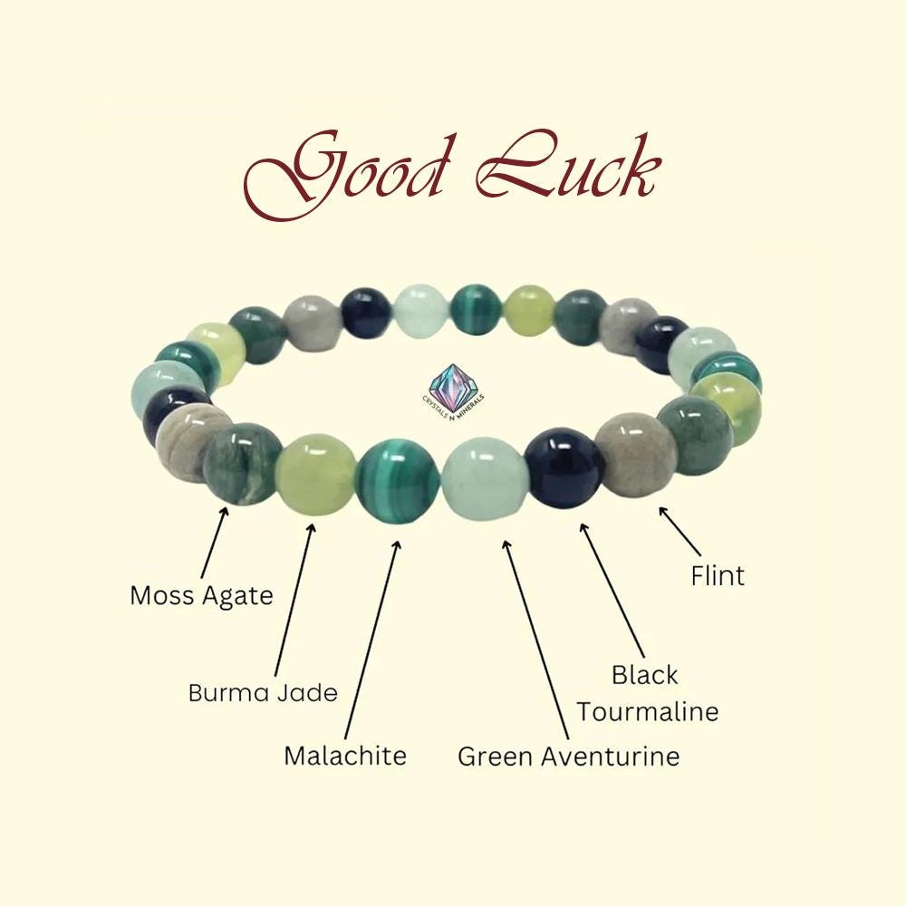 Good Luck Crystal Stone Moss Agate ,Burma Jade ,Malachite ,Green Aventurine ,Black Tourmaline, Flint, Stone Bracelet 8 mm