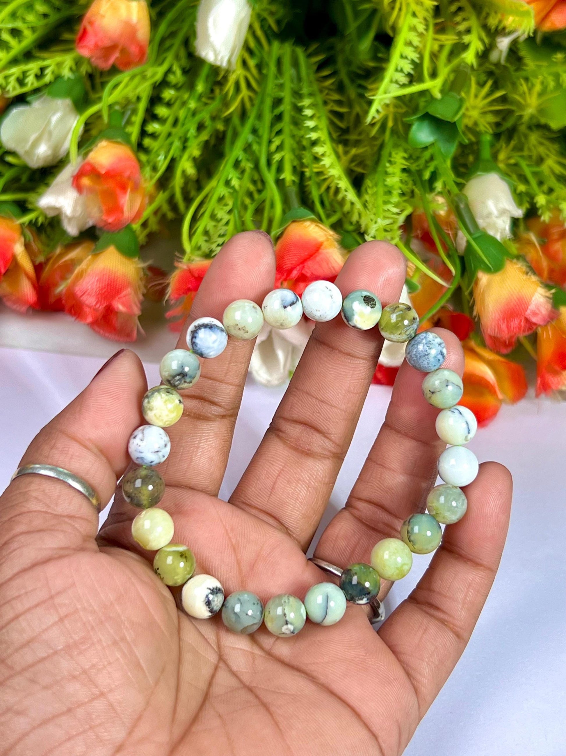 Green Dendritic Opal Stone Bracelet l Stretchable Bracelet l Unisex Bracelet l 8 MM Bracelet