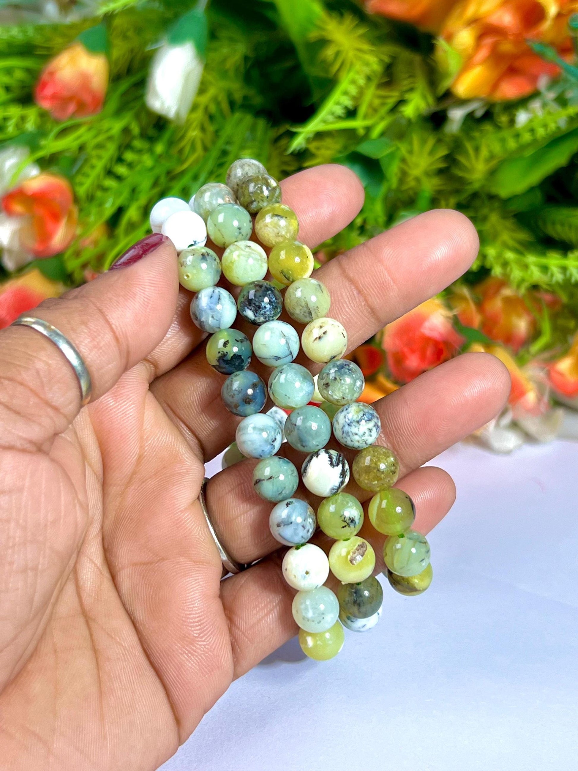 Green Dendritic Opal Stone Bracelet l Stretchable Bracelet l Unisex Bracelet l 8 MM Bracelet