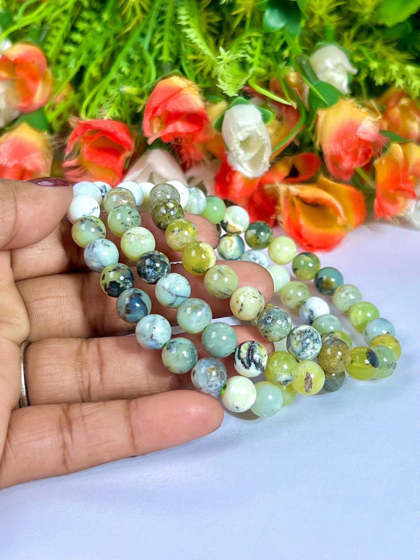 Green Dendritic Opal Stone Bracelet l Stretchable Bracelet l Unisex Bracelet l 8 MM Bracelet