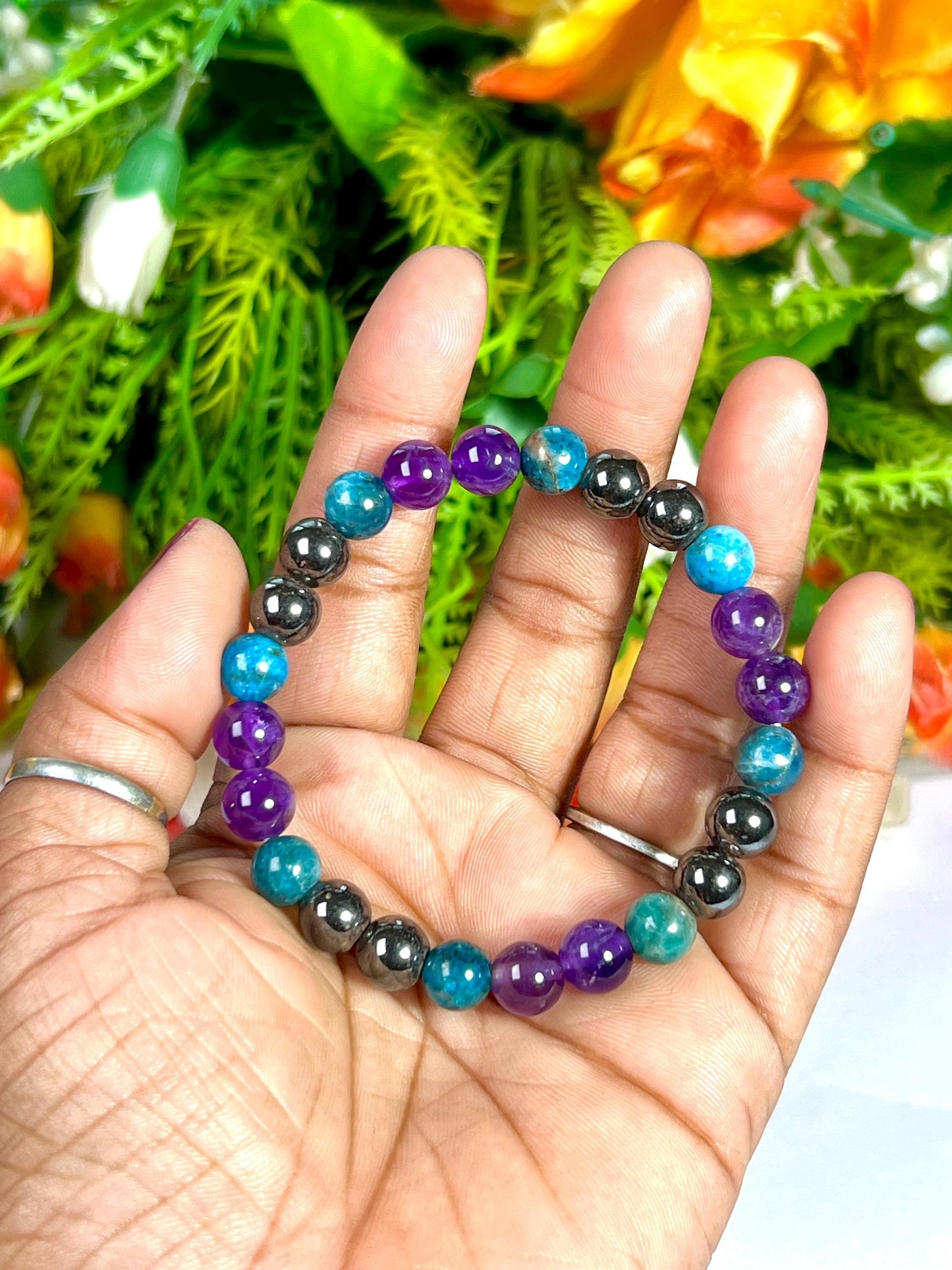 Weight Balance Stone Crystal Bracelet l Blue Apatite , Hematite,  Amethyst Stone Bracelet 8 MM
